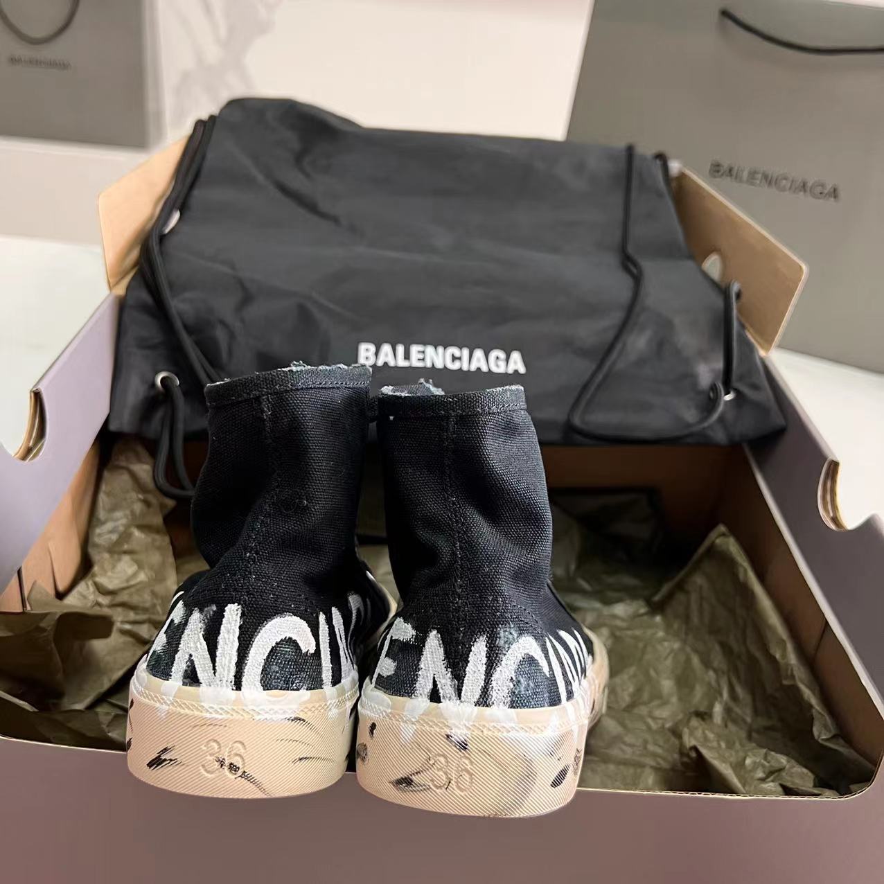 Balenciaga Paris High Top Graffiti Sneaker In Black - DopestKickz