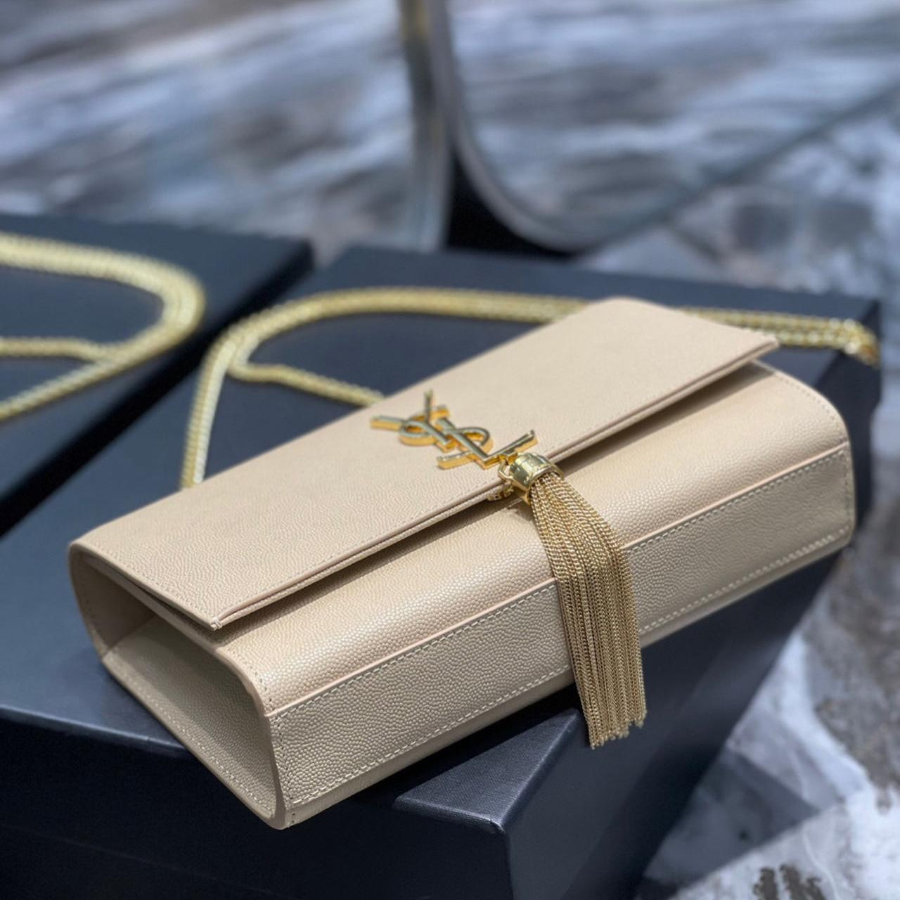 Saint Laurent Kate Chain Wallet WIth Tassel In Grain De Poudre Embossed Leather - DopestKickz