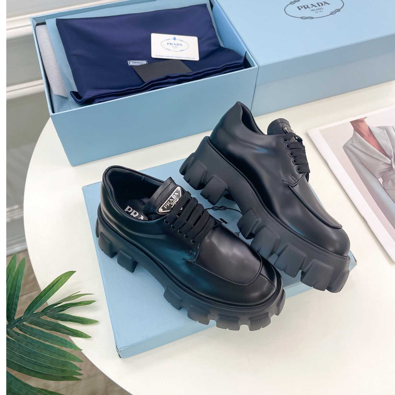 Prada Monolith Brushed Leather Lace-up Shoes - DopestKickz
