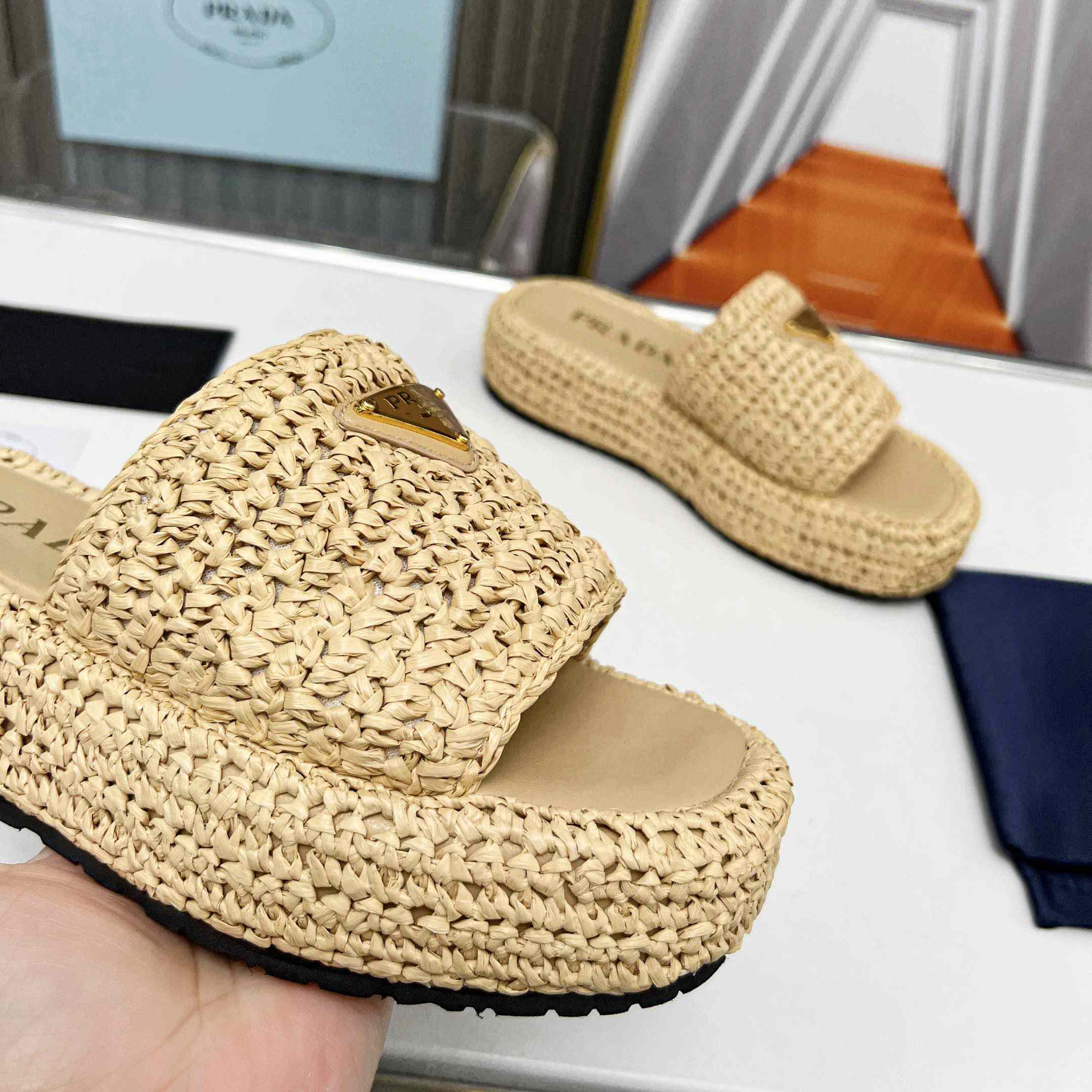 Prada Raffia Single-Band Platform Slides - DopestKickz