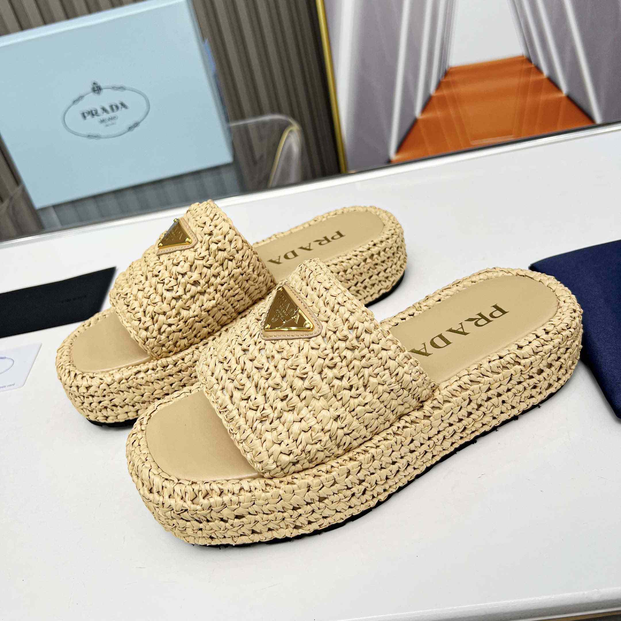 Prada Raffia Single-Band Platform Slides - DopestKickz