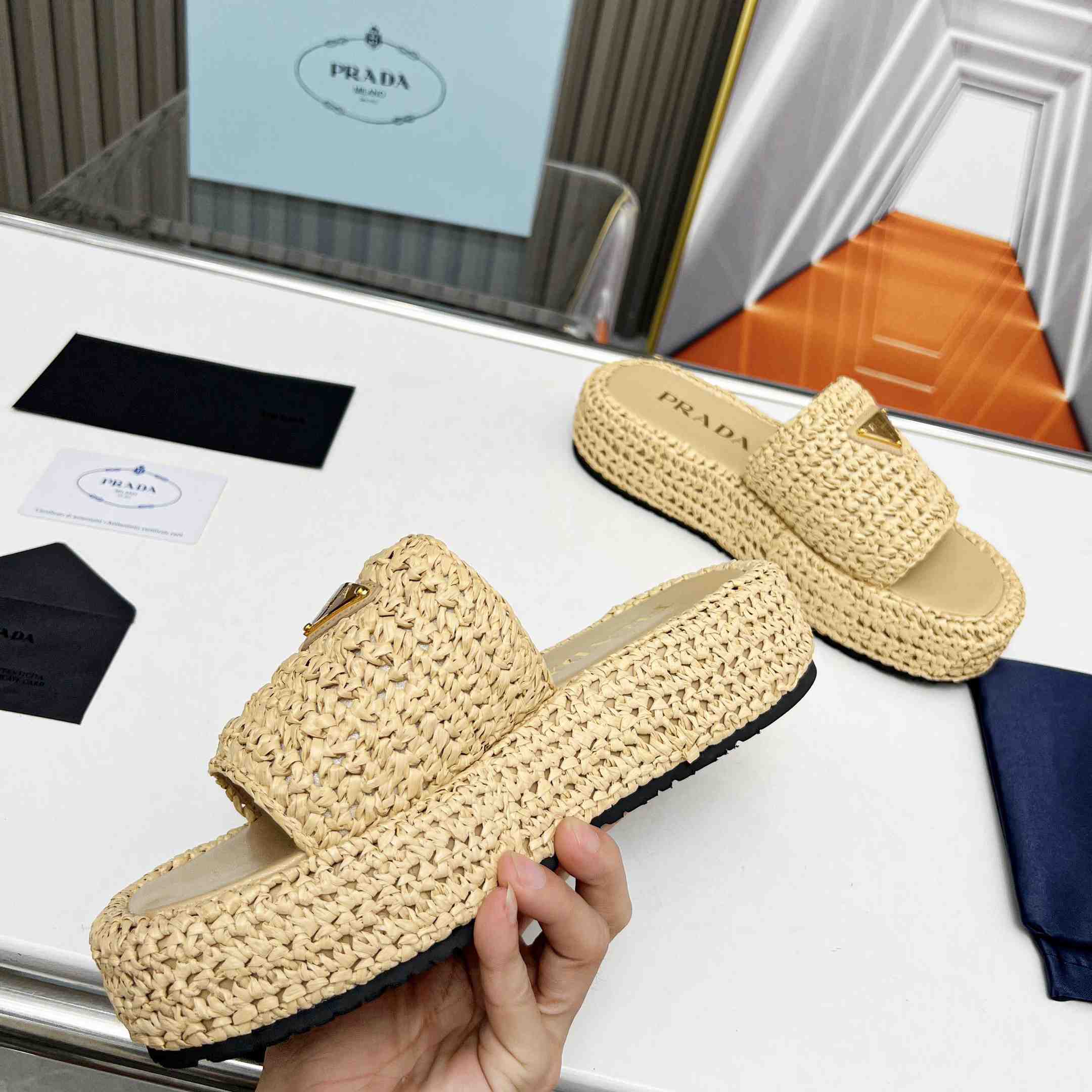Prada Raffia Single-Band Platform Slides - DopestKickz