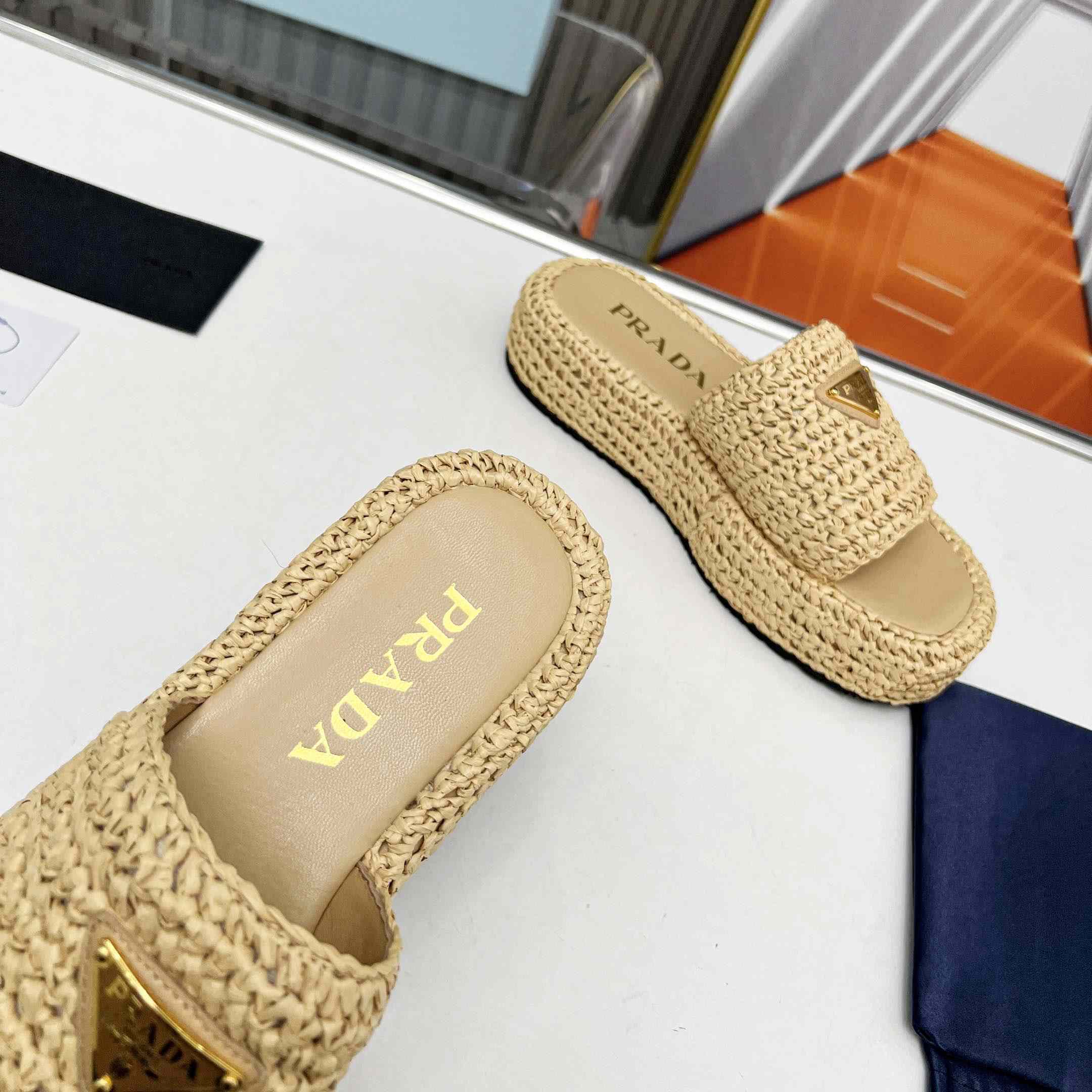Prada Raffia Single-Band Platform Slides - DopestKickz