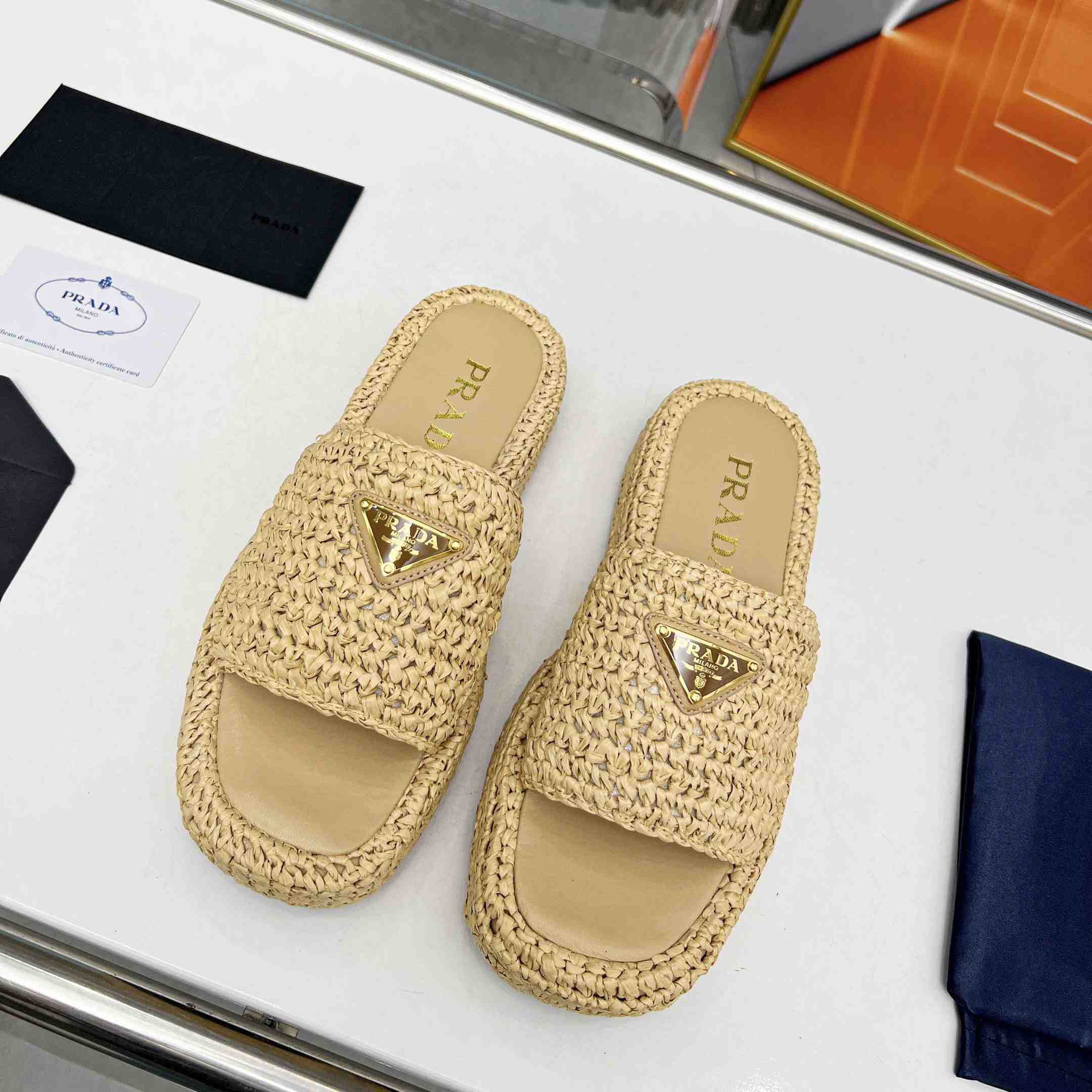 Prada Raffia Single-Band Platform Slides - DopestKickz