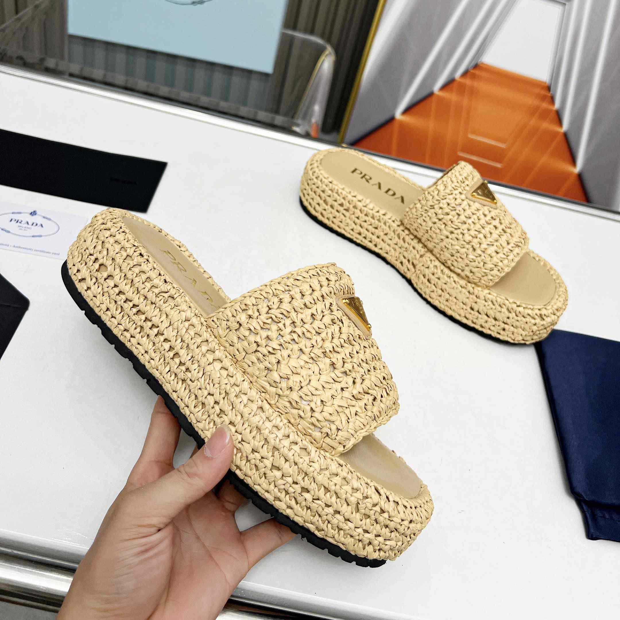 Prada Raffia Single-Band Platform Slides - DopestKickz