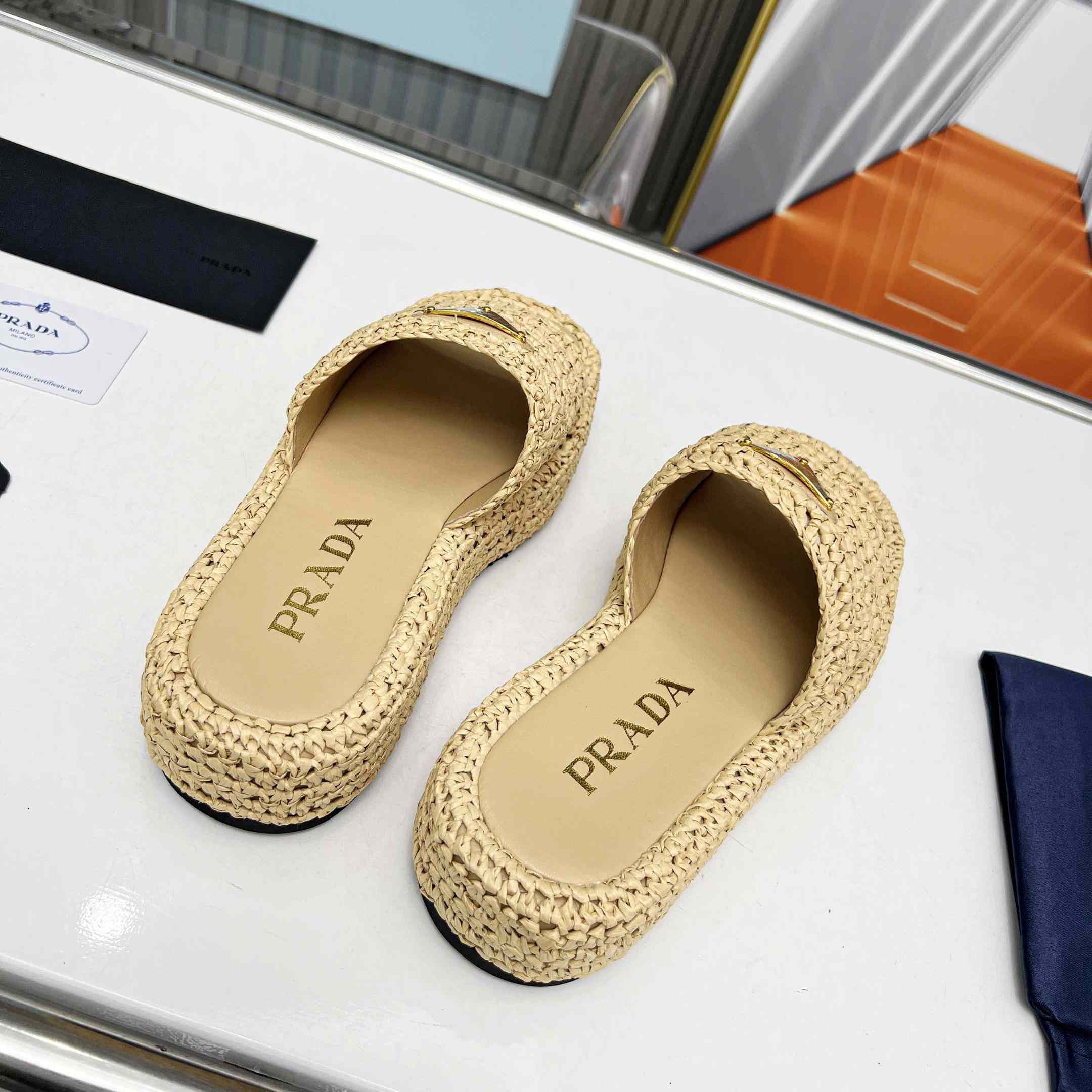 Prada Raffia Single-Band Platform Slides - DopestKickz