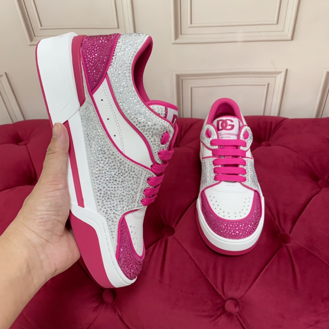 Dolce & Gabbana Women's Pink Crystal-embellished Leather Sneakers - DopestKickz