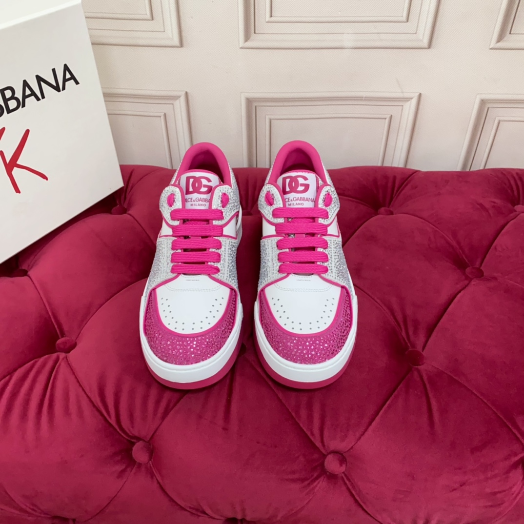 Dolce & Gabbana Women's Pink Crystal-embellished Leather Sneakers - DopestKickz