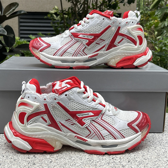 Balenciaga Runner Sneaker In White And Red Mesh And Nylon - DopestKickz