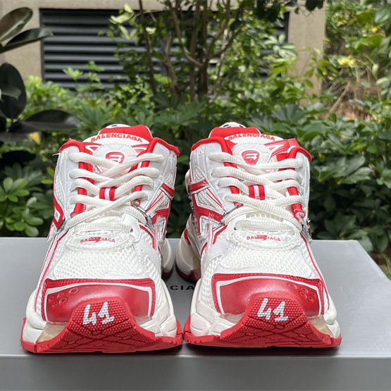 Balenciaga Runner Sneaker In White And Red Mesh And Nylon - DopestKickz