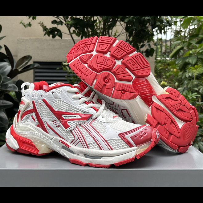Balenciaga Runner Sneaker In White And Red Mesh And Nylon - DopestKickz