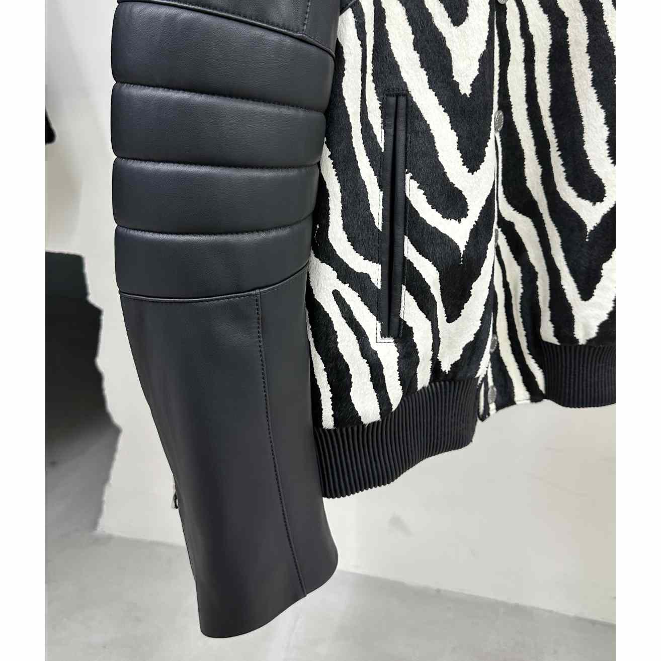 Balmain Zebra Pattern Leather Bomber Jacket - DopestKickz