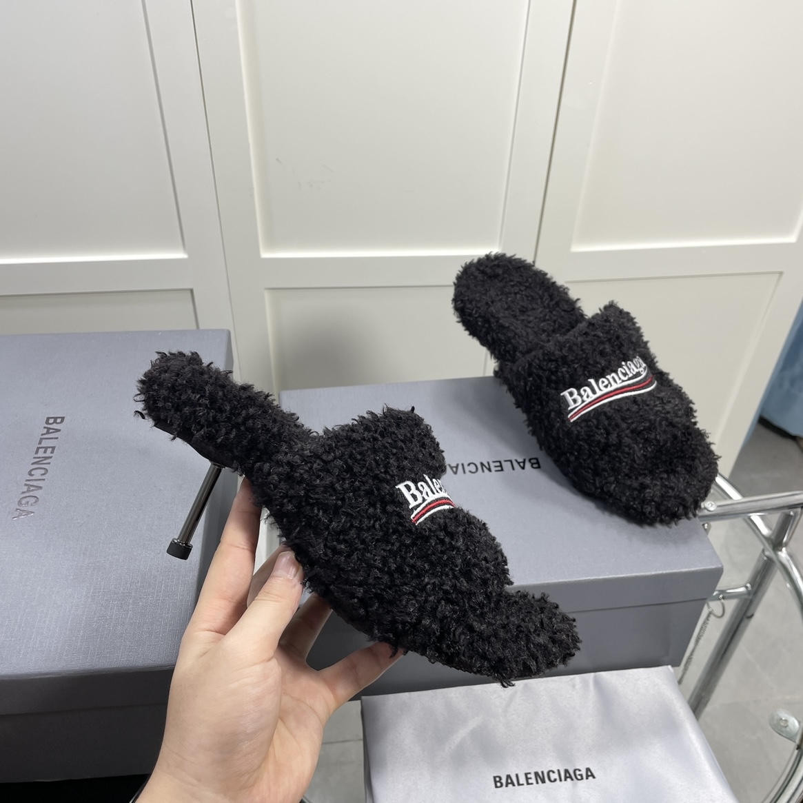 Balenciaga Furry Sandals In Black - DopestKickz