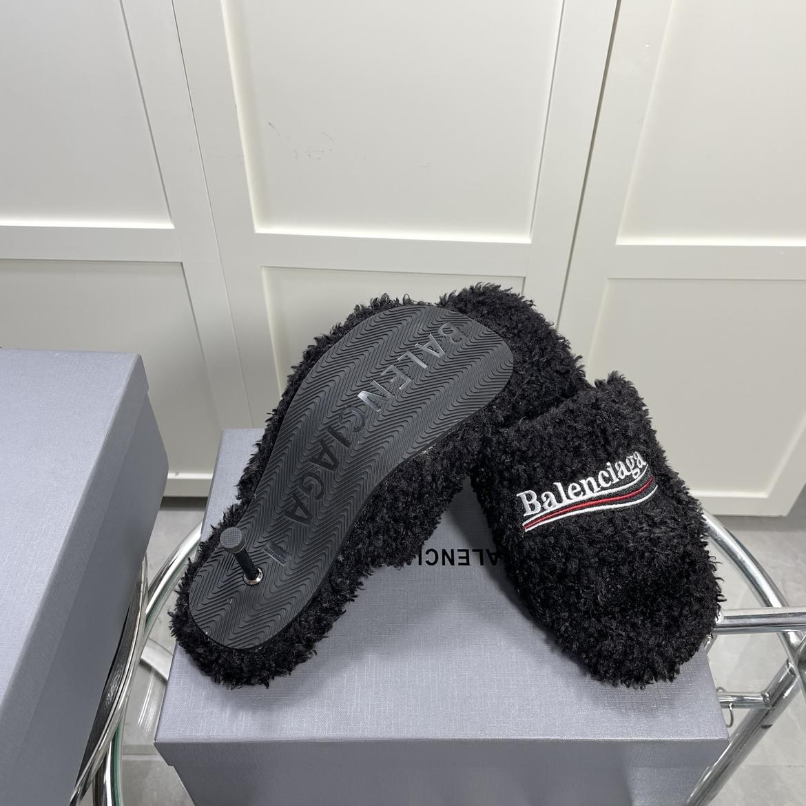Balenciaga Furry Sandals In Black - DopestKickz