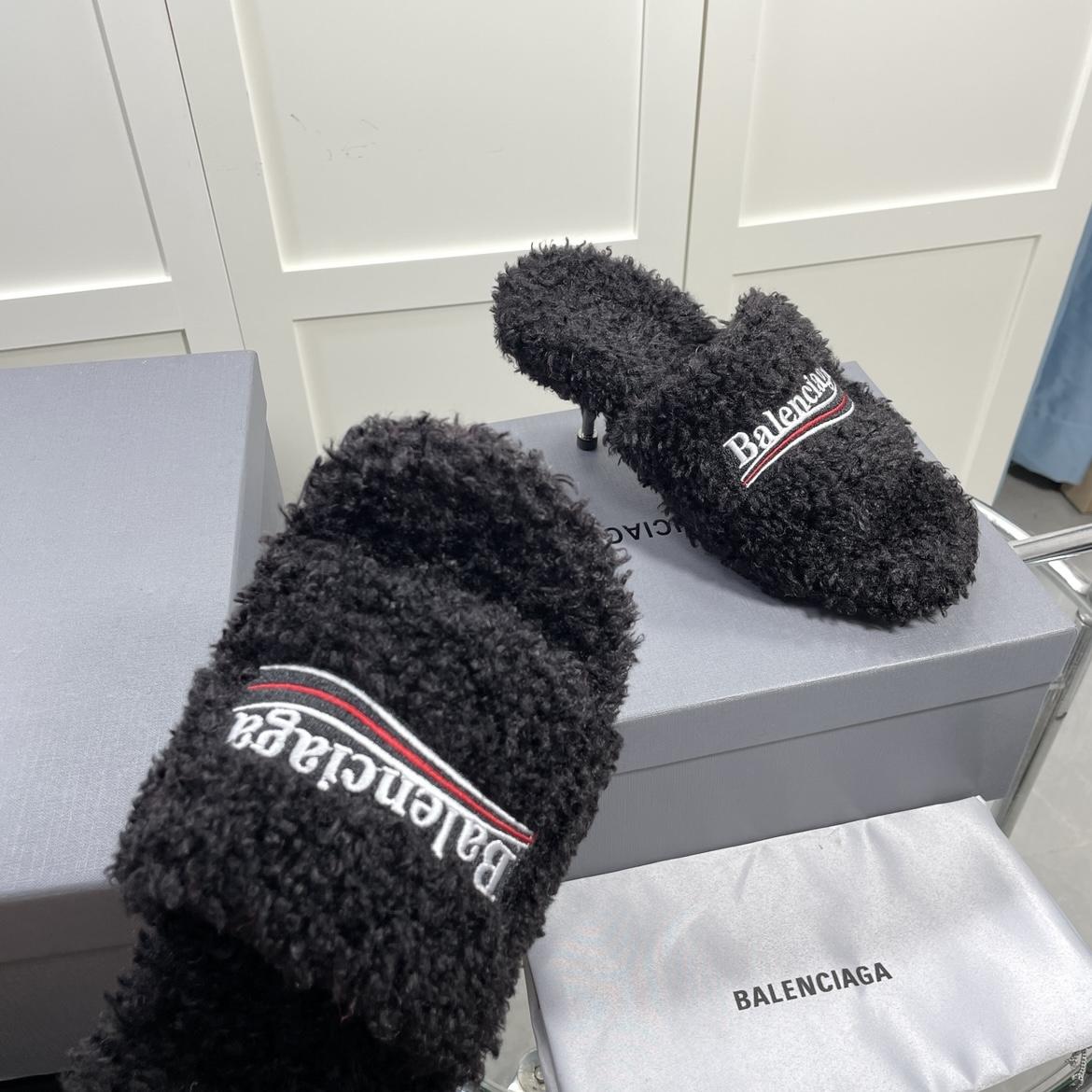 Balenciaga Furry Sandals In Black - DopestKickz