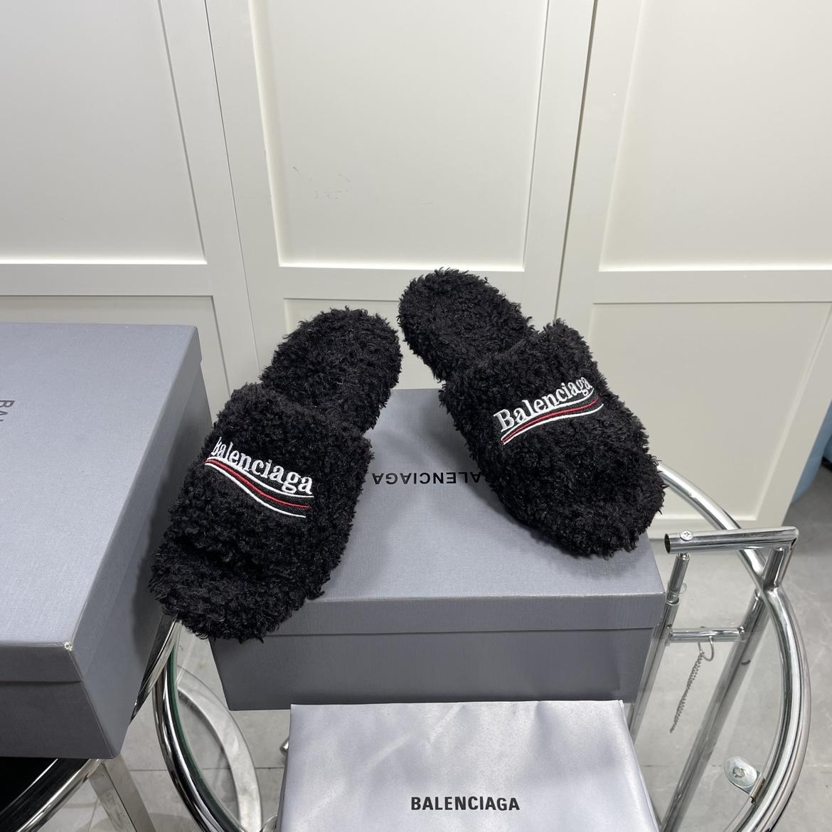 Balenciaga Furry Sandals In Black - DopestKickz