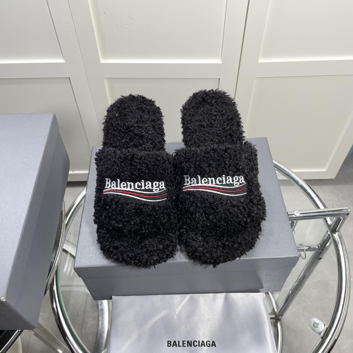 Balenciaga Furry Sandals In Black - DopestKickz