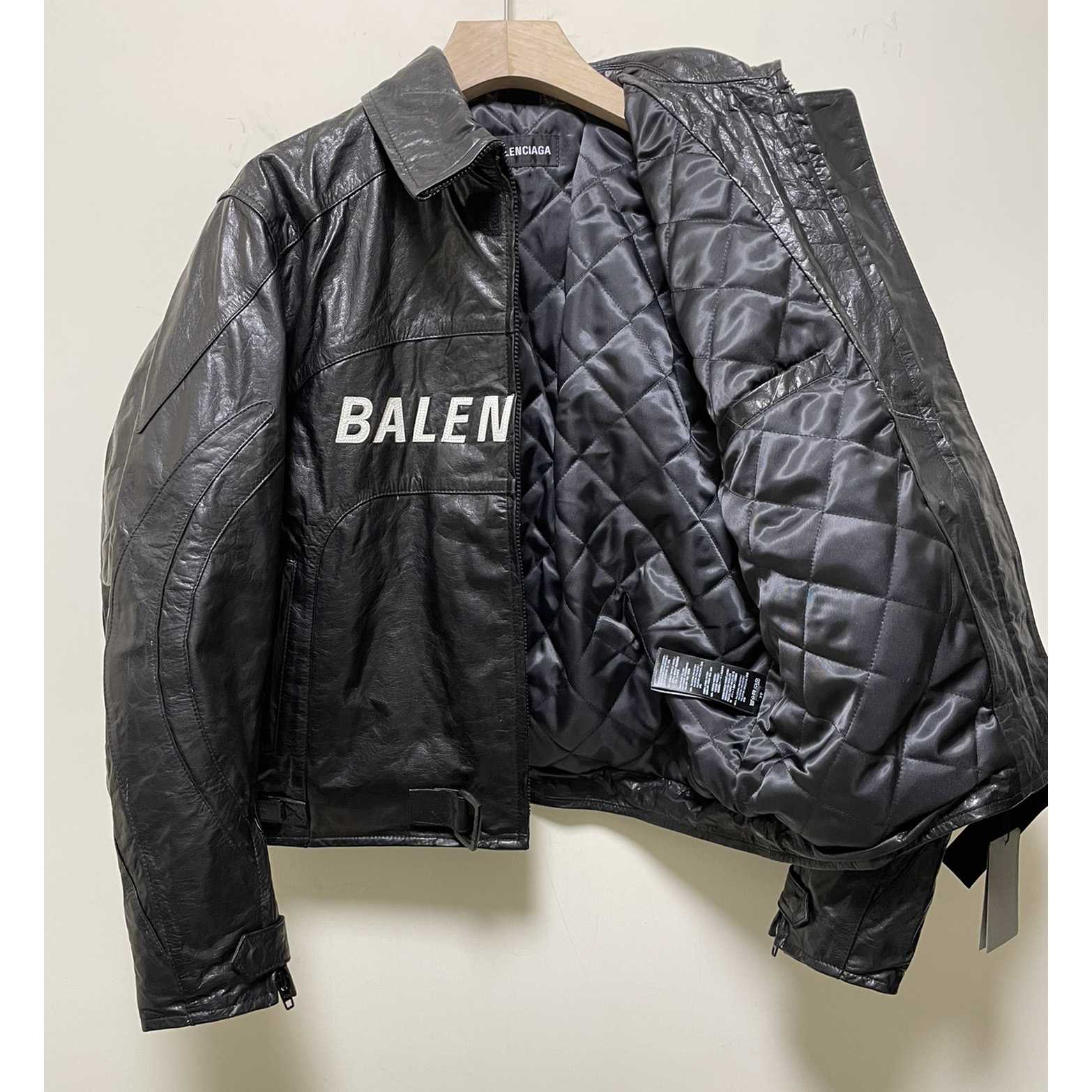 Balenciaga Contrast Logo Leather Moto Jacket - DopestKickz