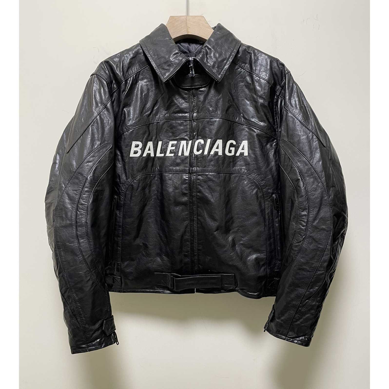 Balenciaga Contrast Logo Leather Moto Jacket - DopestKickz