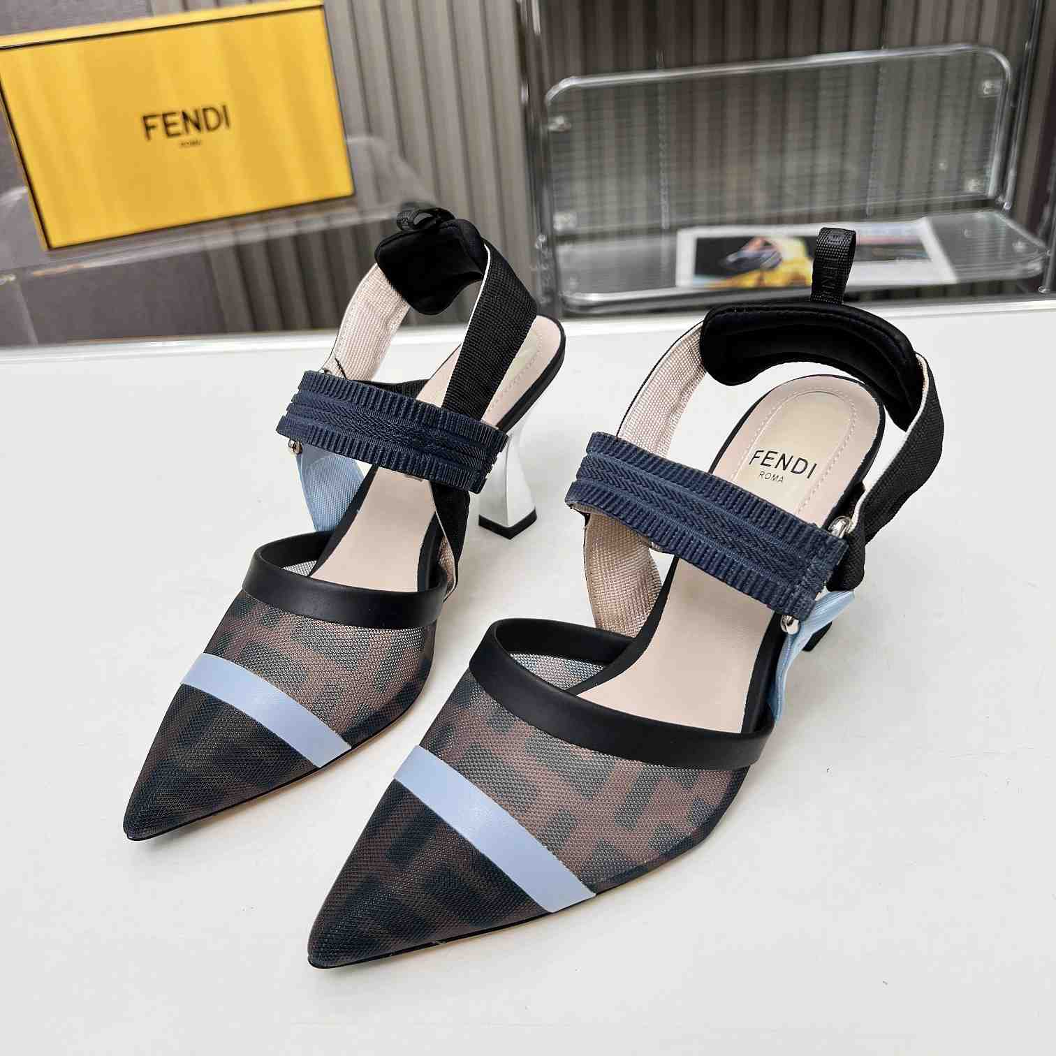 Fendi Colibrì Blue Mesh High-heeled Slingbacks - DopestKickz