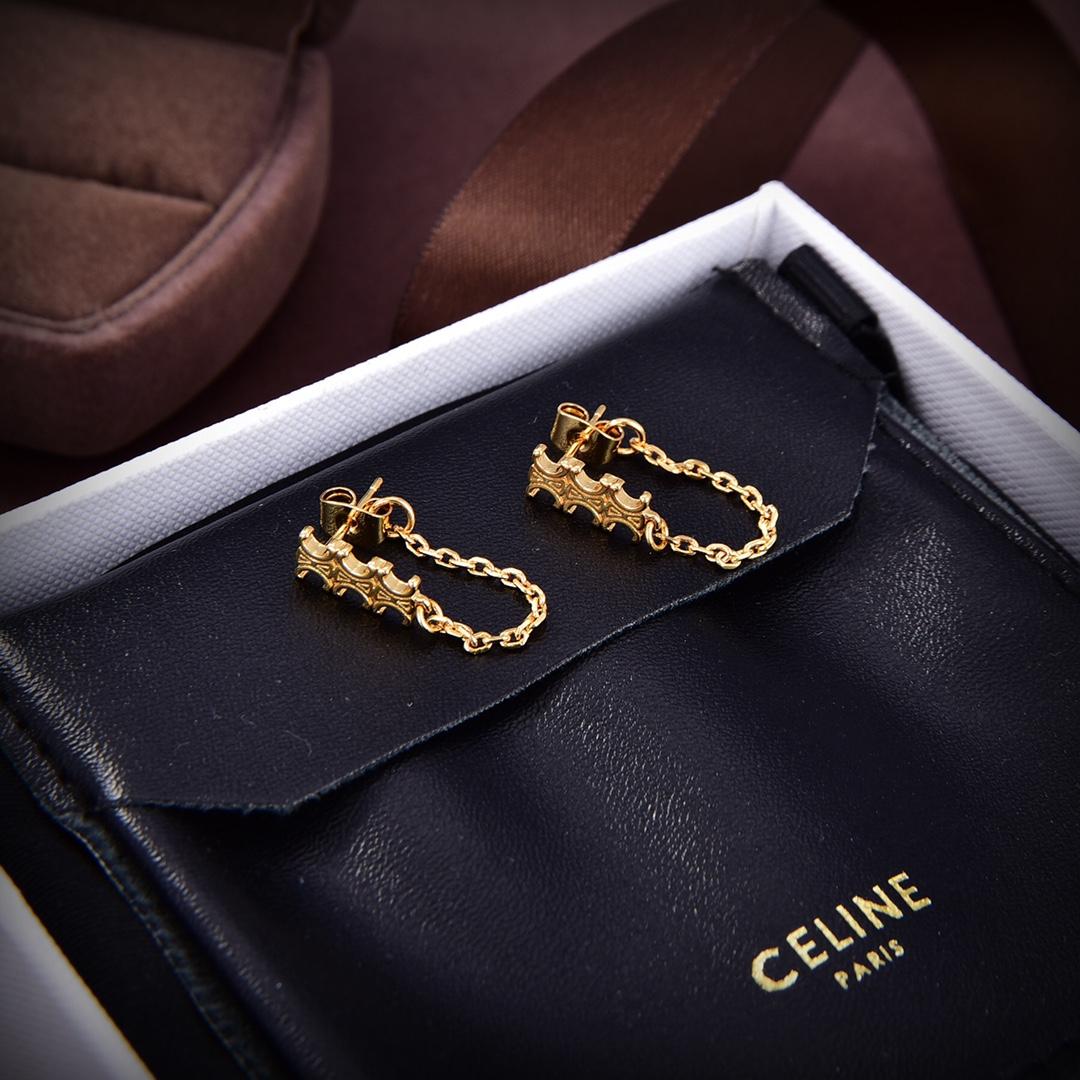 Celine Triomphe Chain Earrings In Brass With Gold Finish - DopestKickz