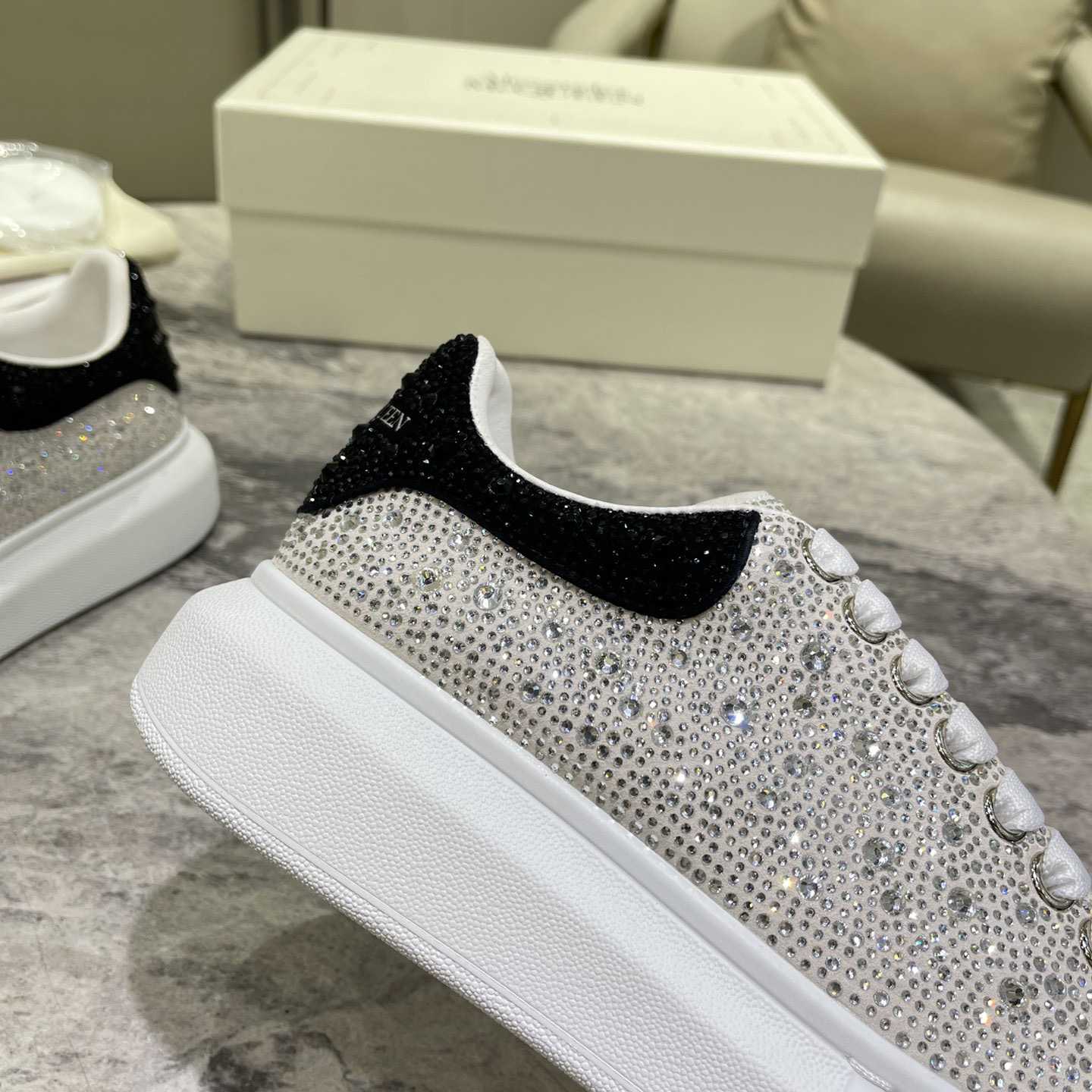 Alexander Mqueen Crystal-embellished Oversized Sneaker In White/Black - DopestKickz