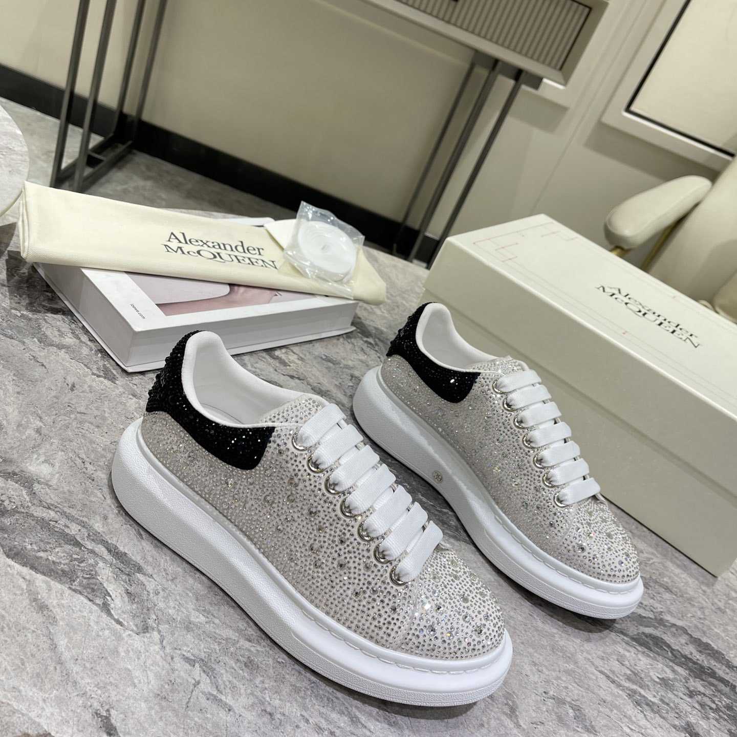 Alexander Mqueen Crystal-embellished Oversized Sneaker In White/Black - DopestKickz