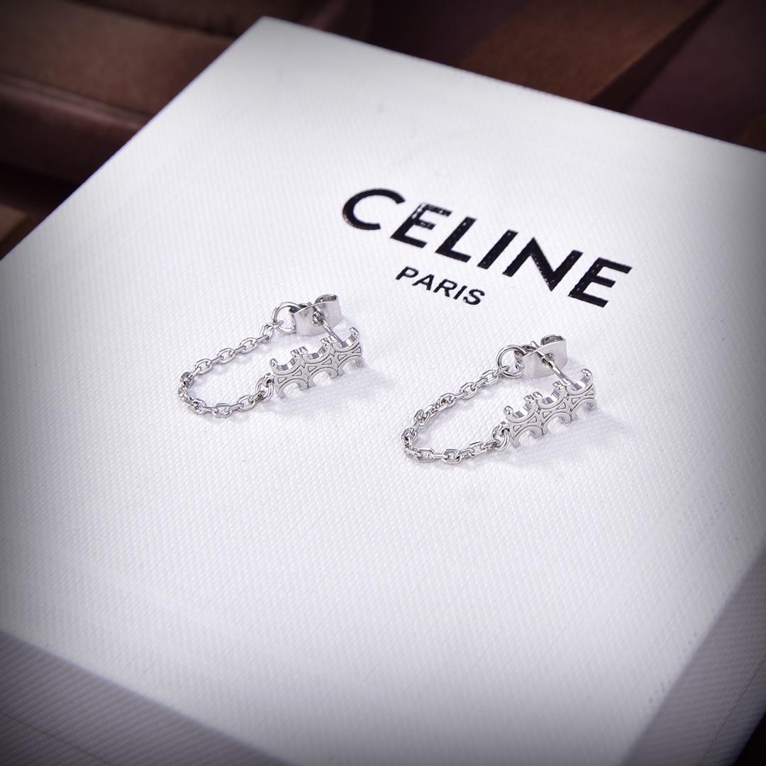Celine Triomphe Chain Earrings In Brass With Rhodium Finish - DopestKickz