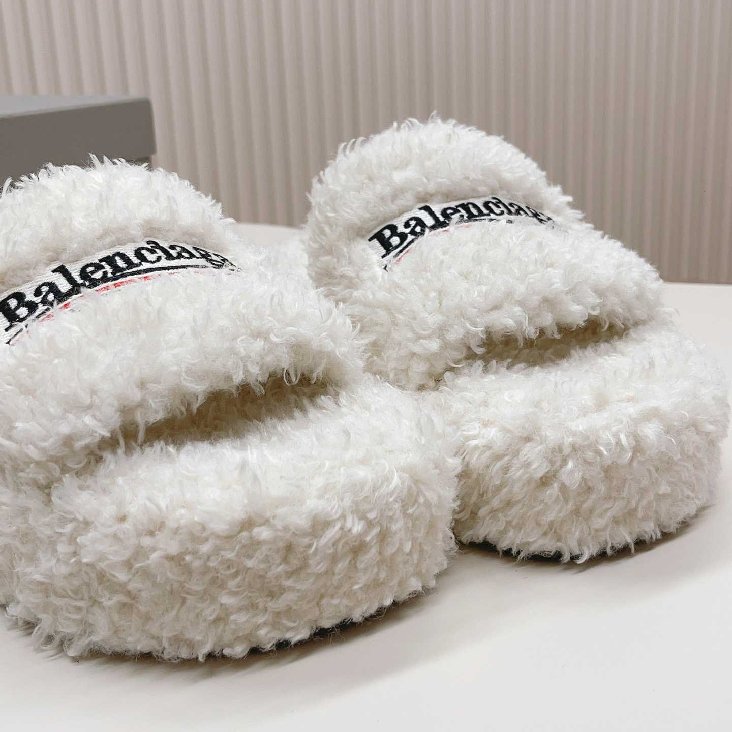 Balenciaga Furry Platform Sandal In White - DopestKickz