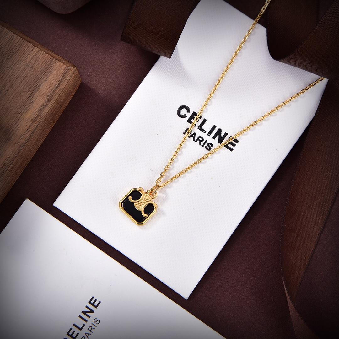 Celine Triomphe Indie Small Charms Necklace In Brass With Gold Finish And Nero Assoluto - DopestKickz