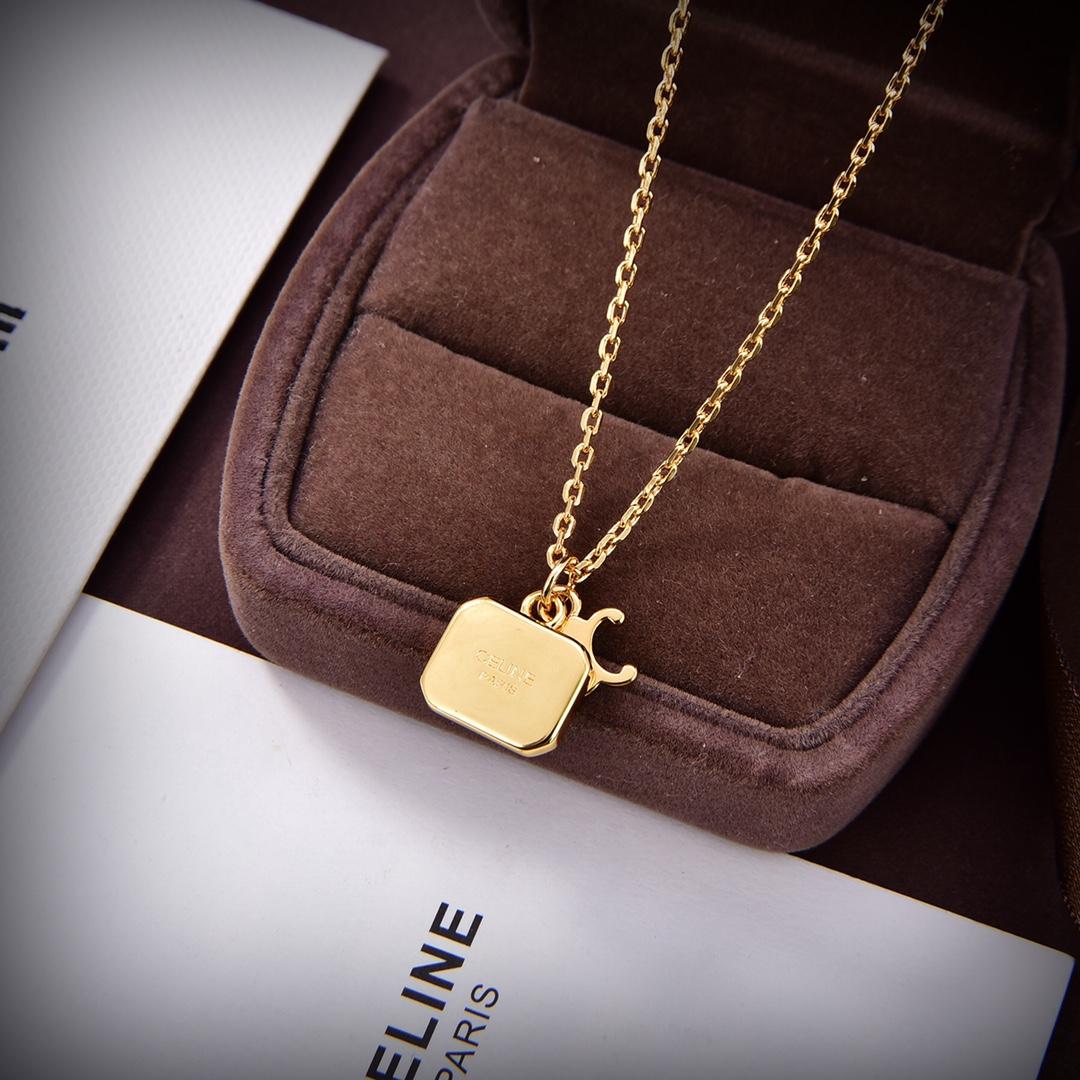 Celine Triomphe Indie Small Charms Necklace In Brass With Gold Finish And Nero Assoluto - DopestKickz