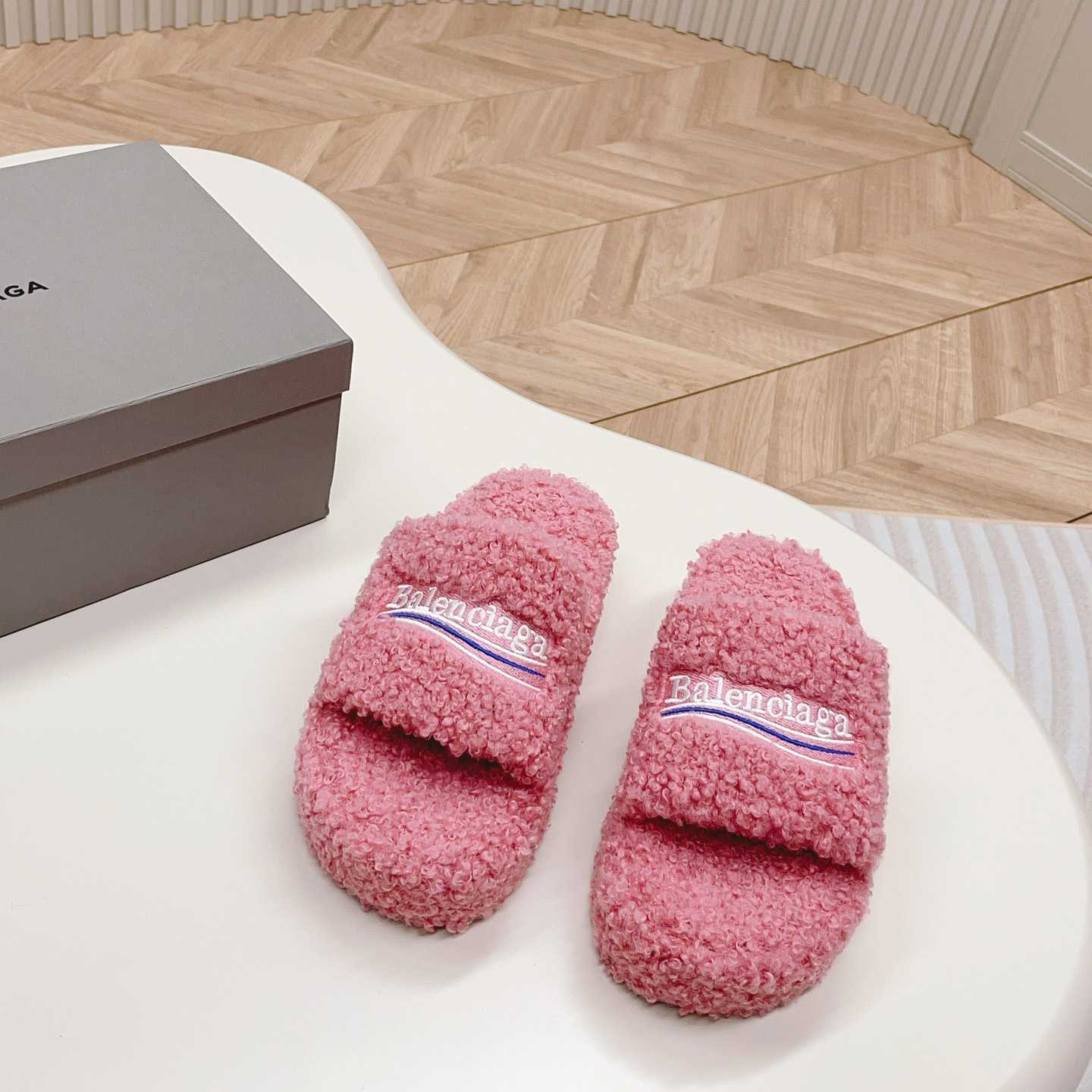 Balenciaga Furry Platform Sandal In Pink - DopestKickz