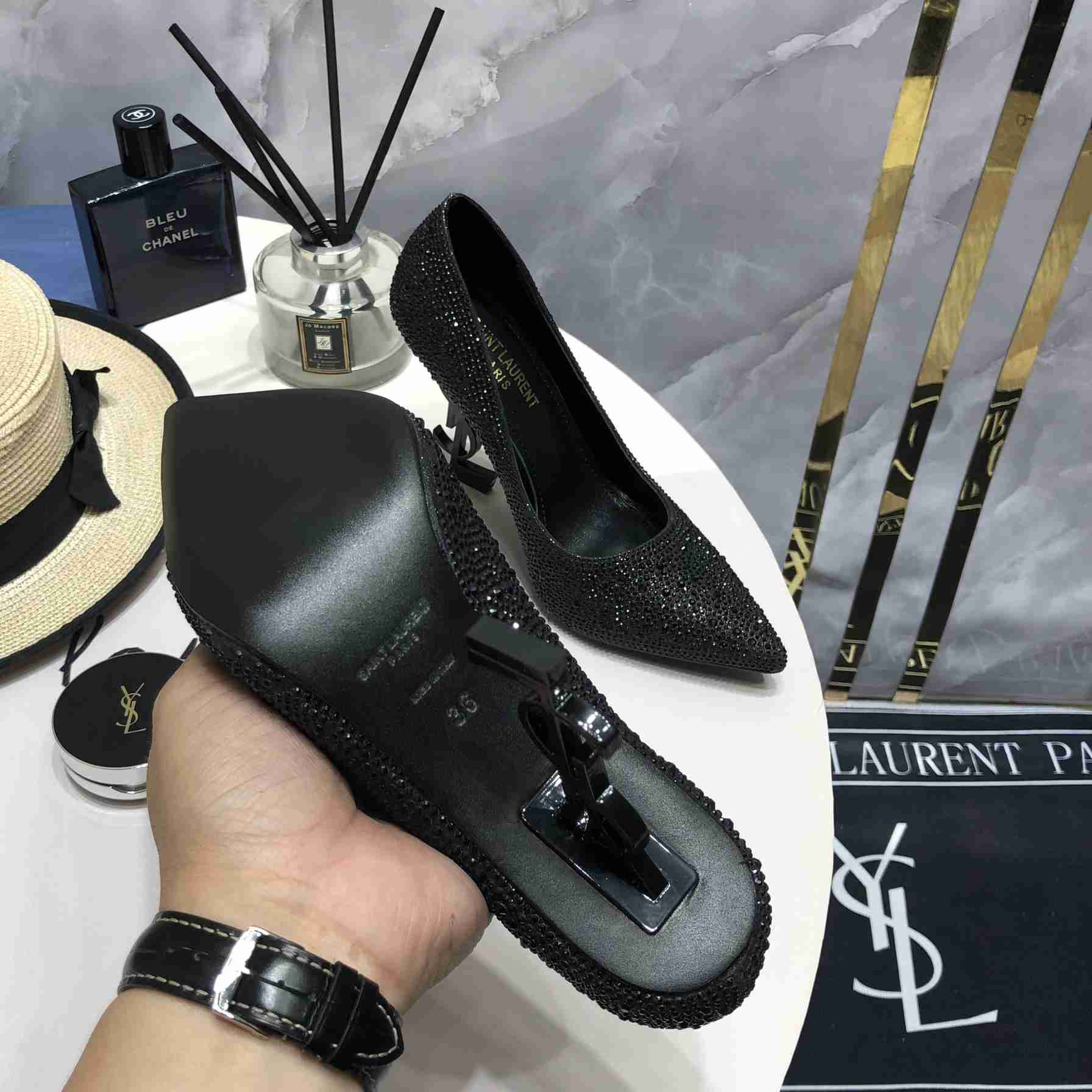 Saint Laurent Black Opyum Glitter Pumps - DopestKickz