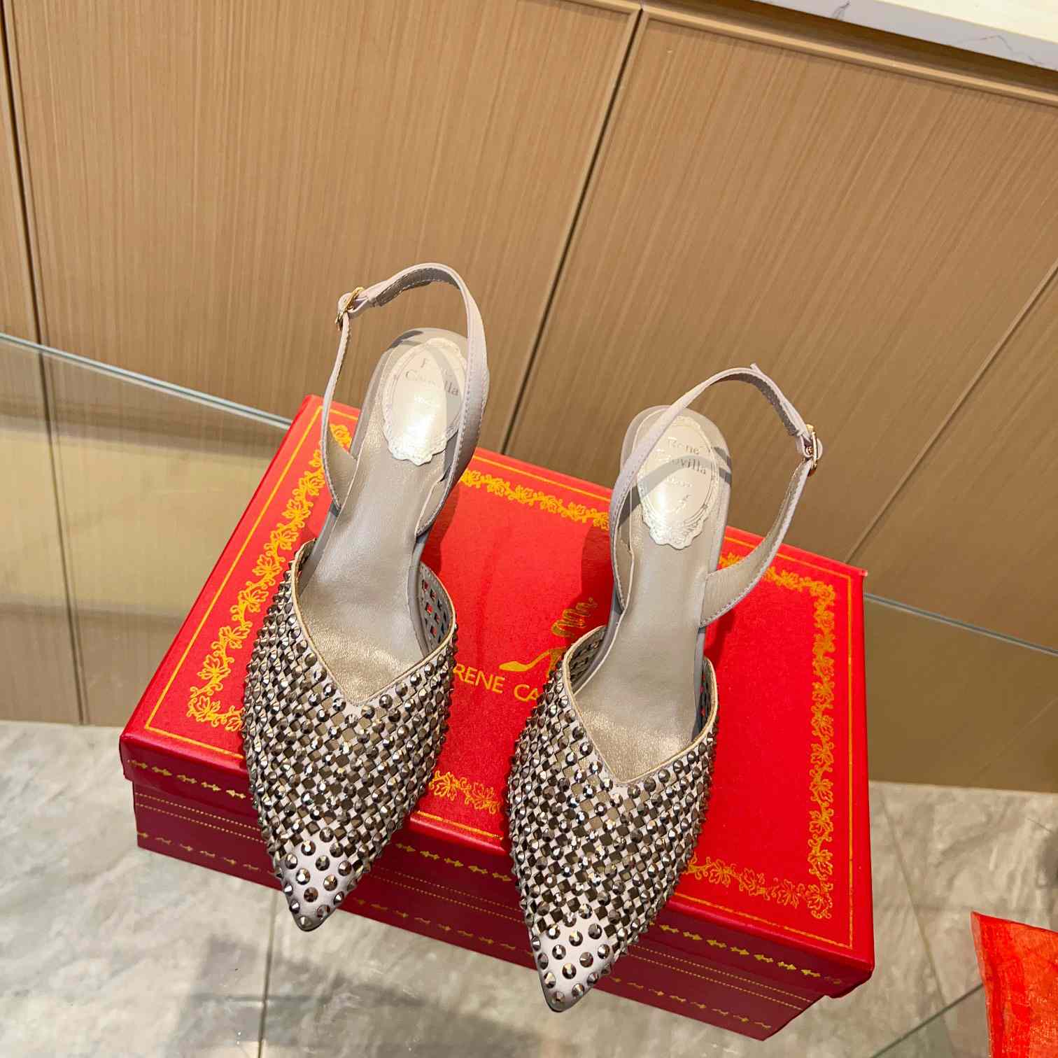 Rene Caovilla Ginger Crystal Silver Slingback 80 - DopestKickz