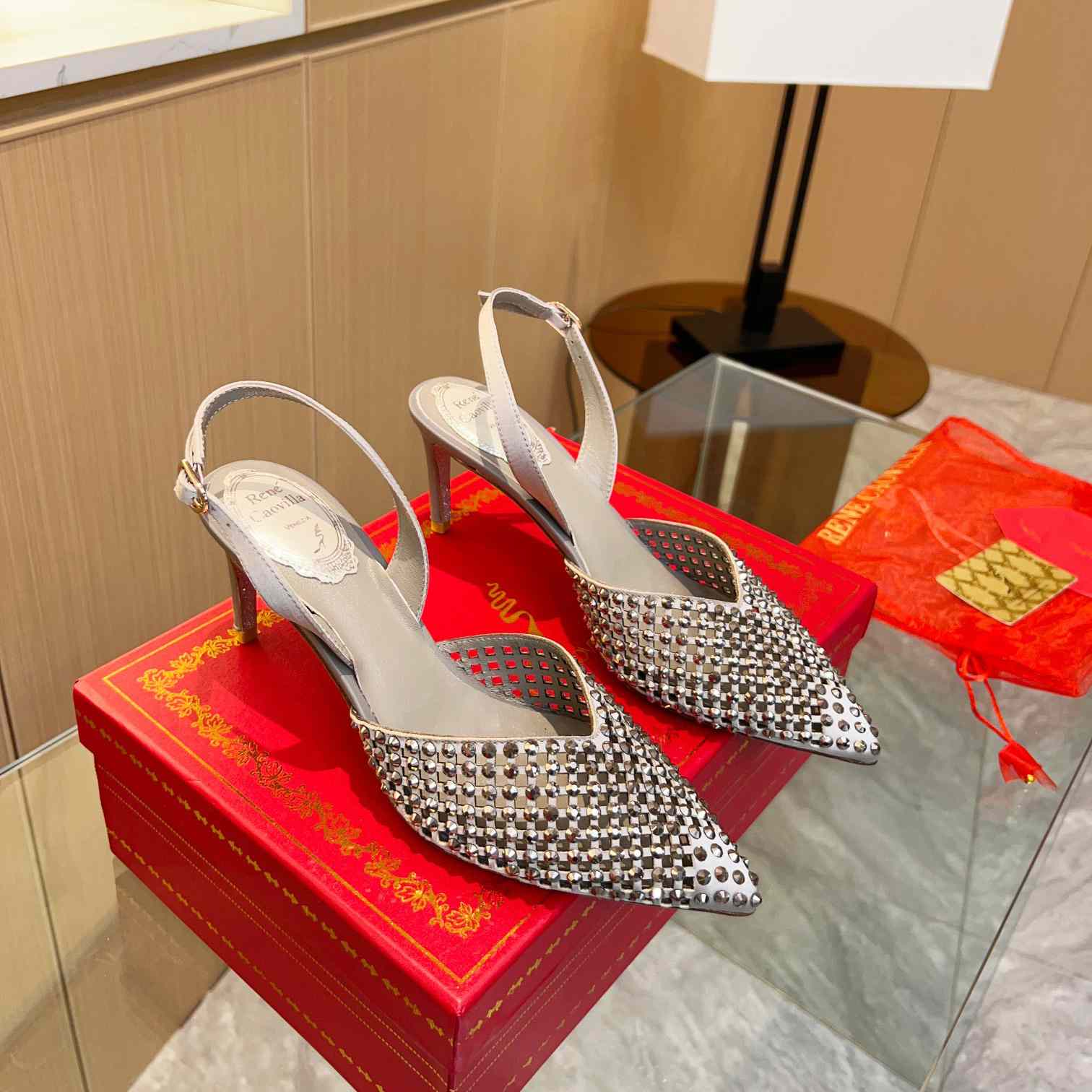 Rene Caovilla Ginger Crystal Silver Slingback 80 - DopestKickz