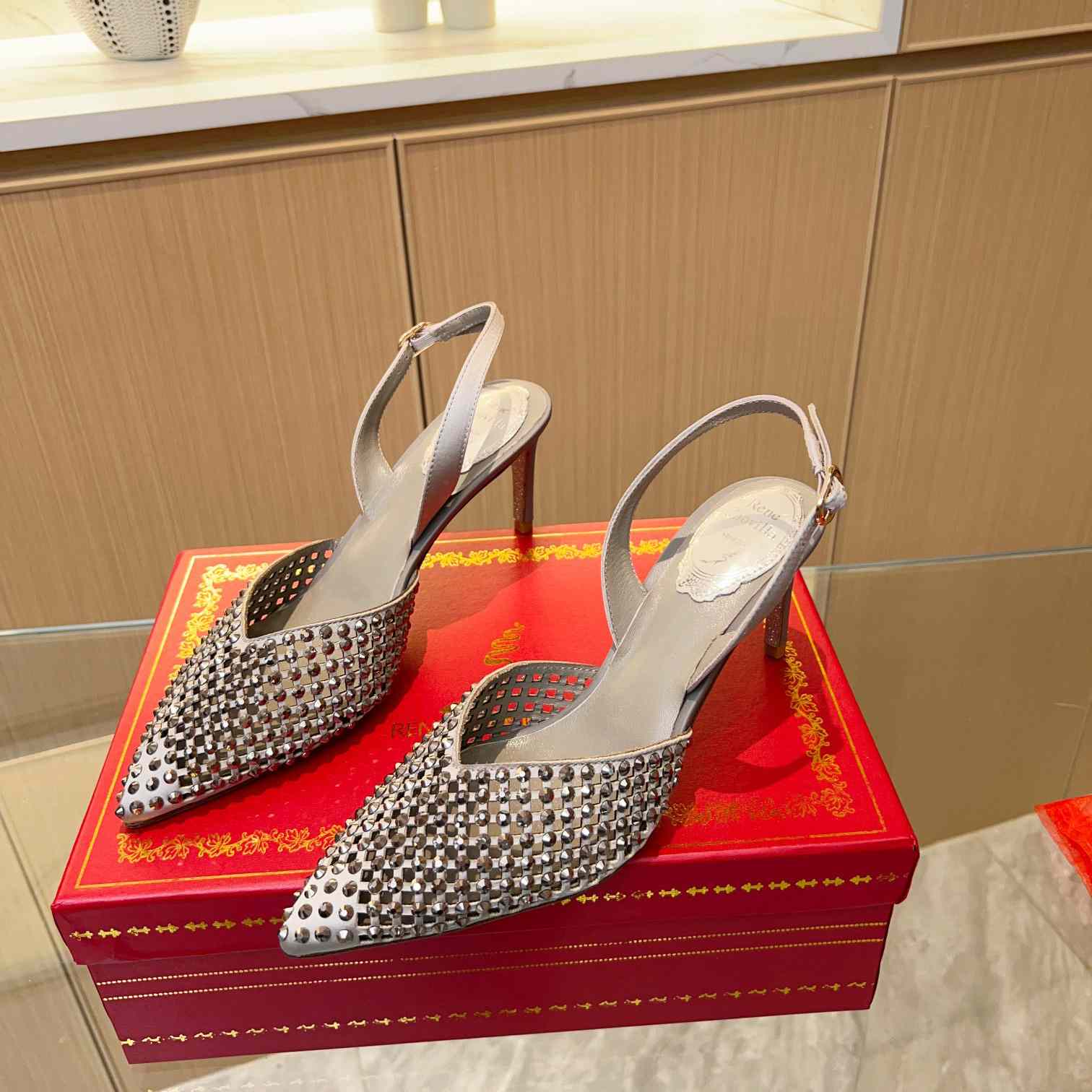 Rene Caovilla Ginger Crystal Silver Slingback 80 - DopestKickz