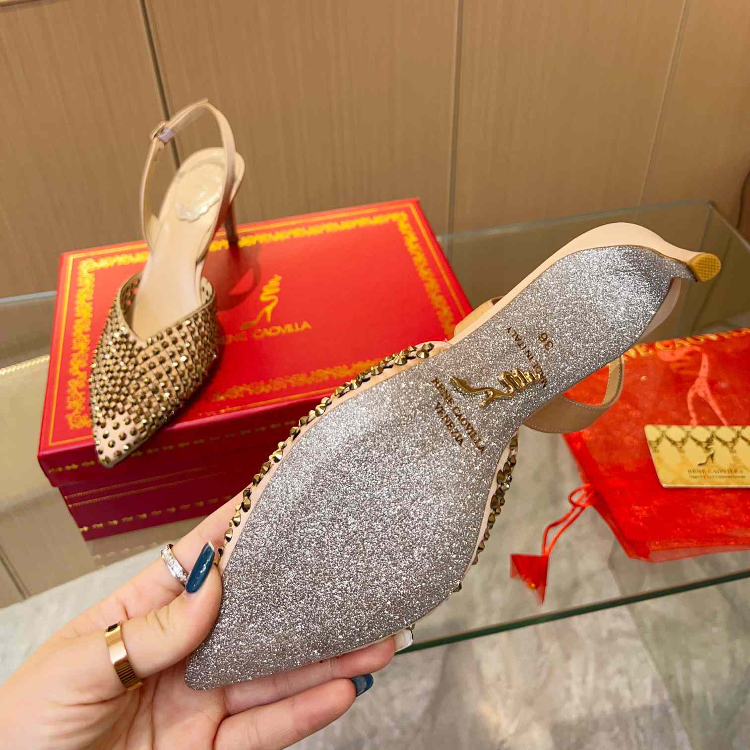 Rene Caovilla Ginger Crystal Silver Slingback 80 - DopestKickz