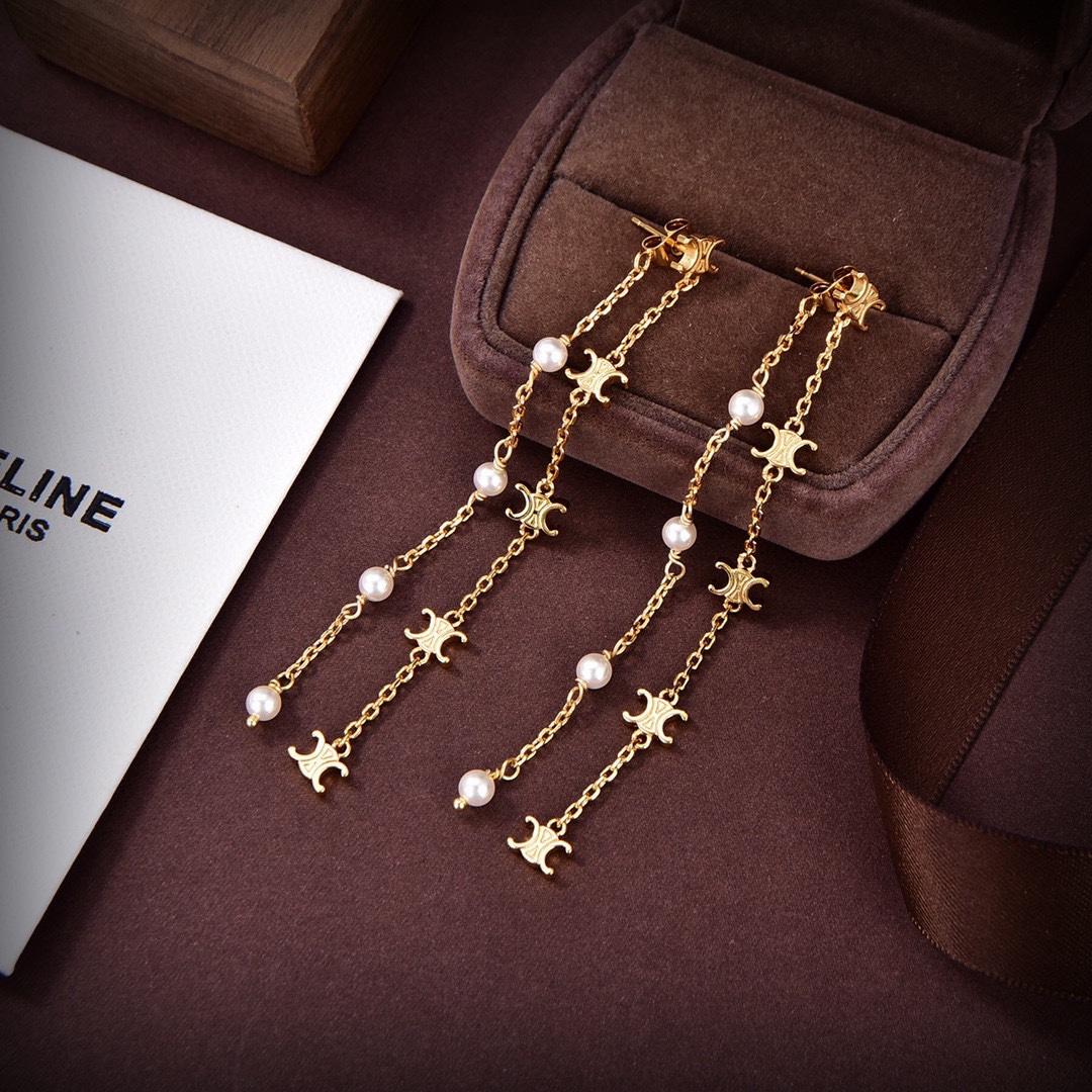 Celine Triomphe Long Pearl Earrings In Brass With Gold Finish And Resin Pearls - DopestKickz