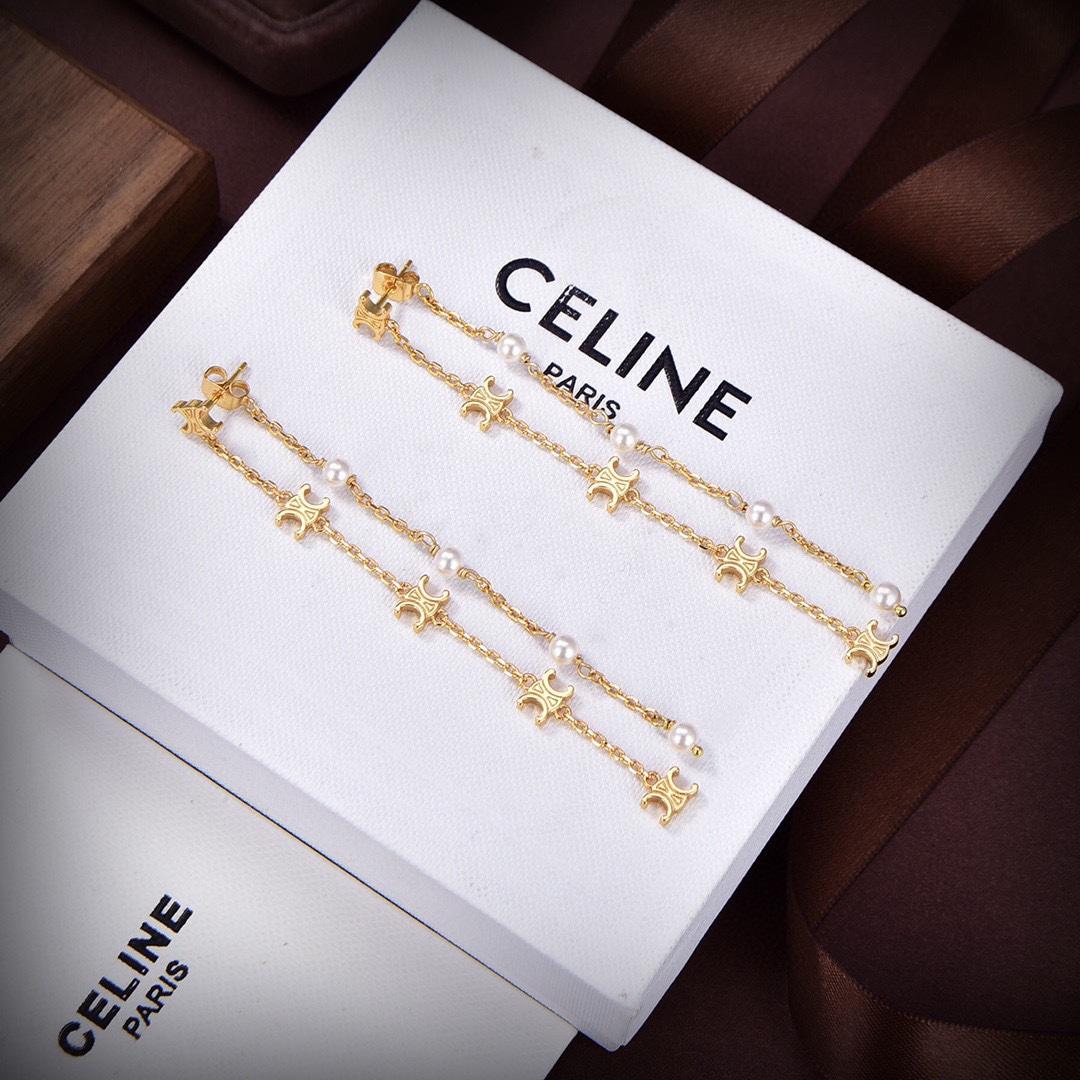 Celine Triomphe Long Pearl Earrings In Brass With Gold Finish And Resin Pearls - DopestKickz