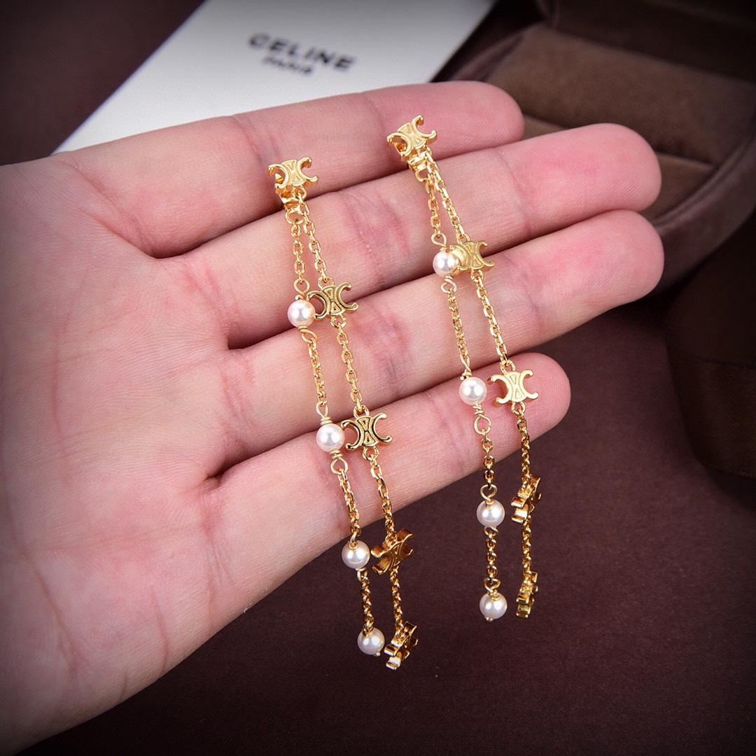 Celine Triomphe Long Pearl Earrings In Brass With Gold Finish And Resin Pearls - DopestKickz