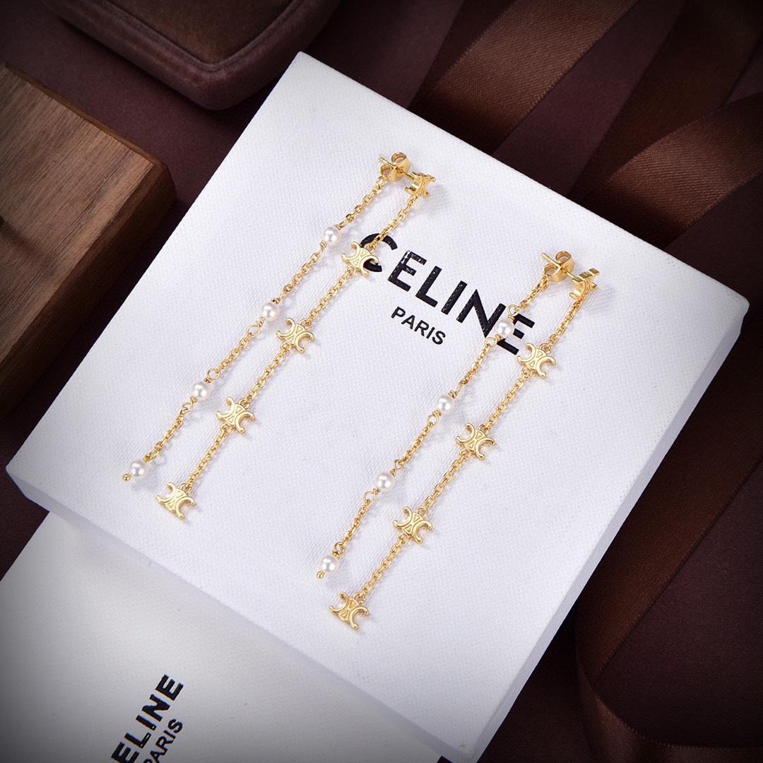 Celine Triomphe Long Pearl Earrings In Brass With Gold Finish And Resin Pearls - DopestKickz