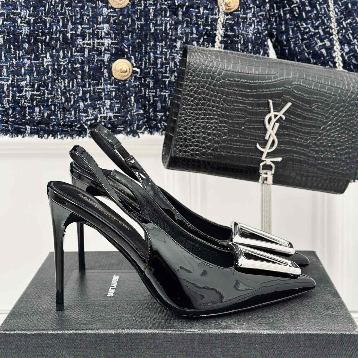 Saint Laurent Avenue Slingback Pumps In Patent Leather - DopestKickz