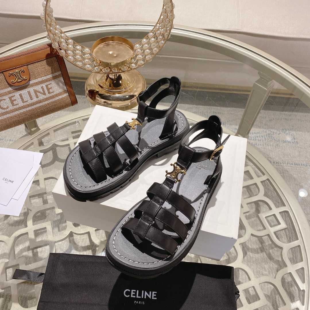 Celine Clea Triomphe Gladiator Sandal In Calfskin - Vegetal Tanning Black - DopestKickz