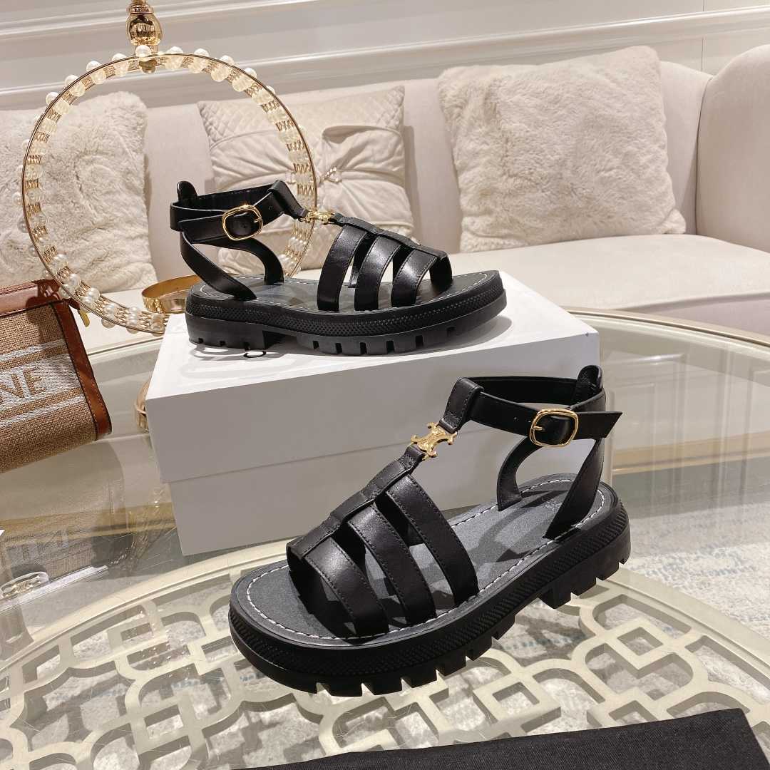Celine Clea Triomphe Gladiator Sandal In Calfskin - Vegetal Tanning Black - DopestKickz