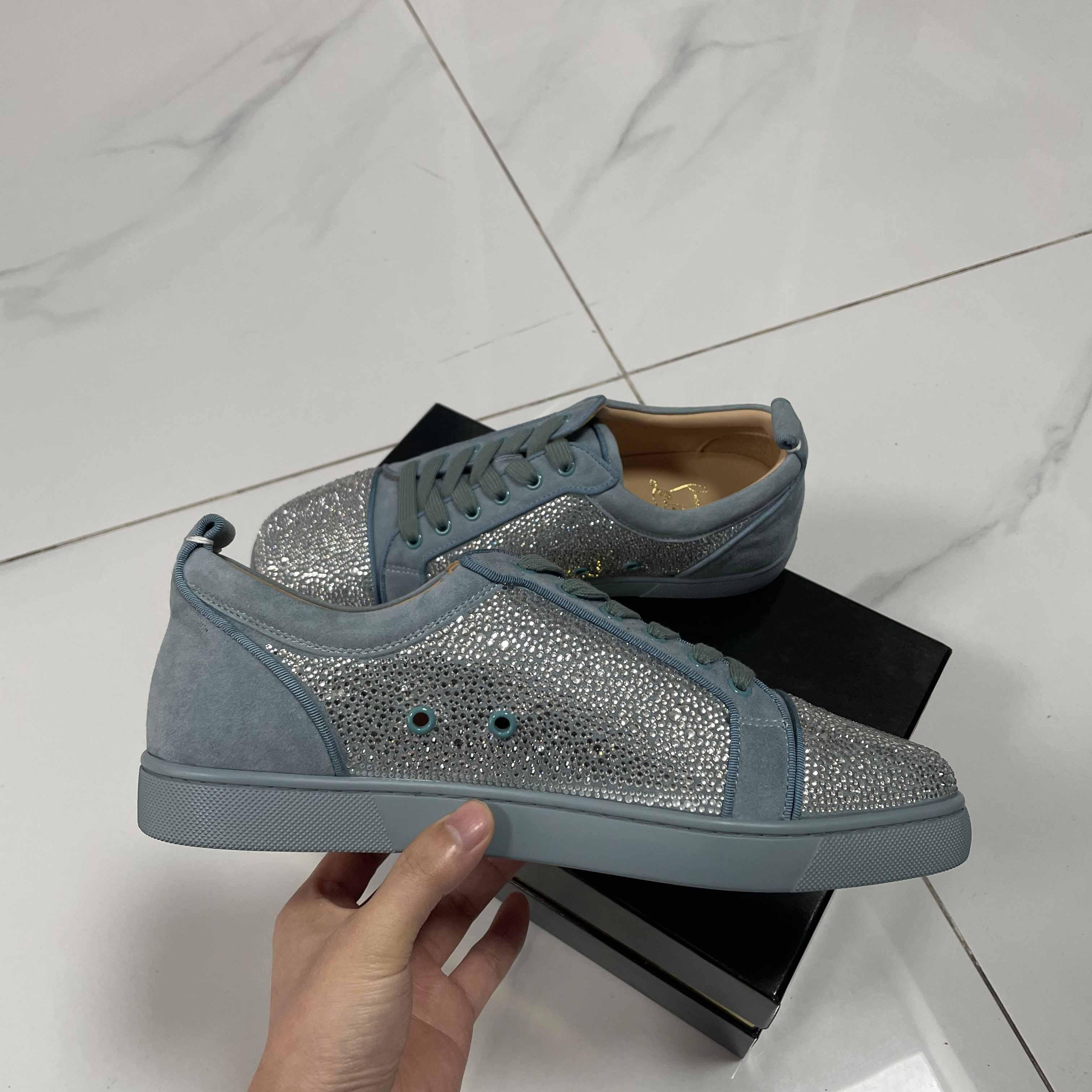 Christian Louboutin Men's Louis Junior Strass Rhinestone Suede Low-Top Sneakers - DopestKickz