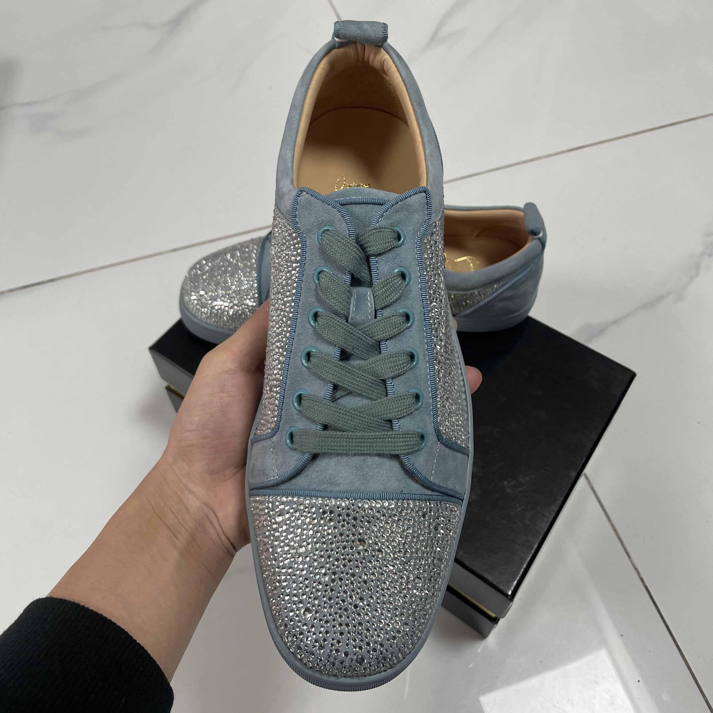 Christian Louboutin Men's Louis Junior Strass Rhinestone Suede Low-Top Sneakers - DopestKickz