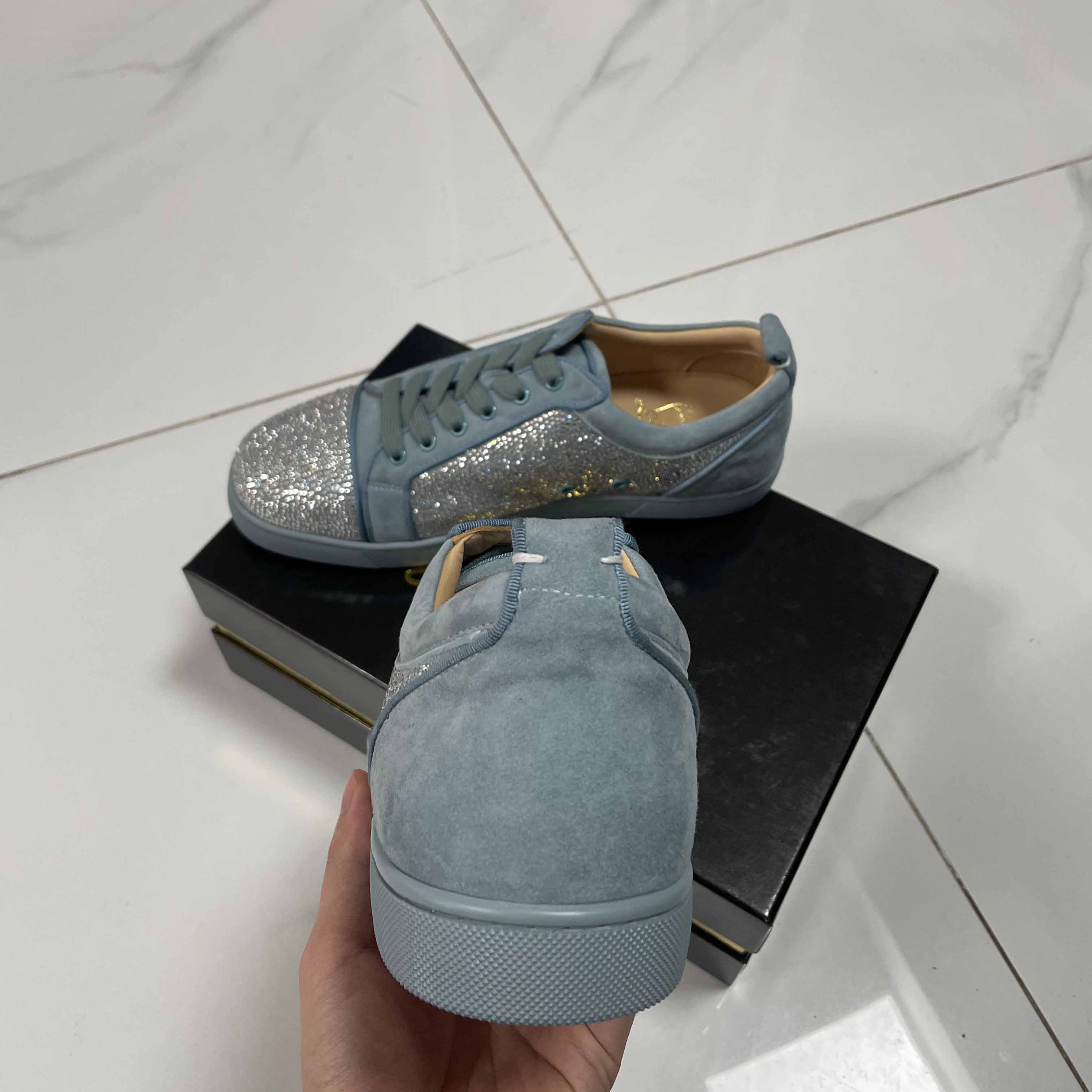 Christian Louboutin Men's Louis Junior Strass Rhinestone Suede Low-Top Sneakers - DopestKickz