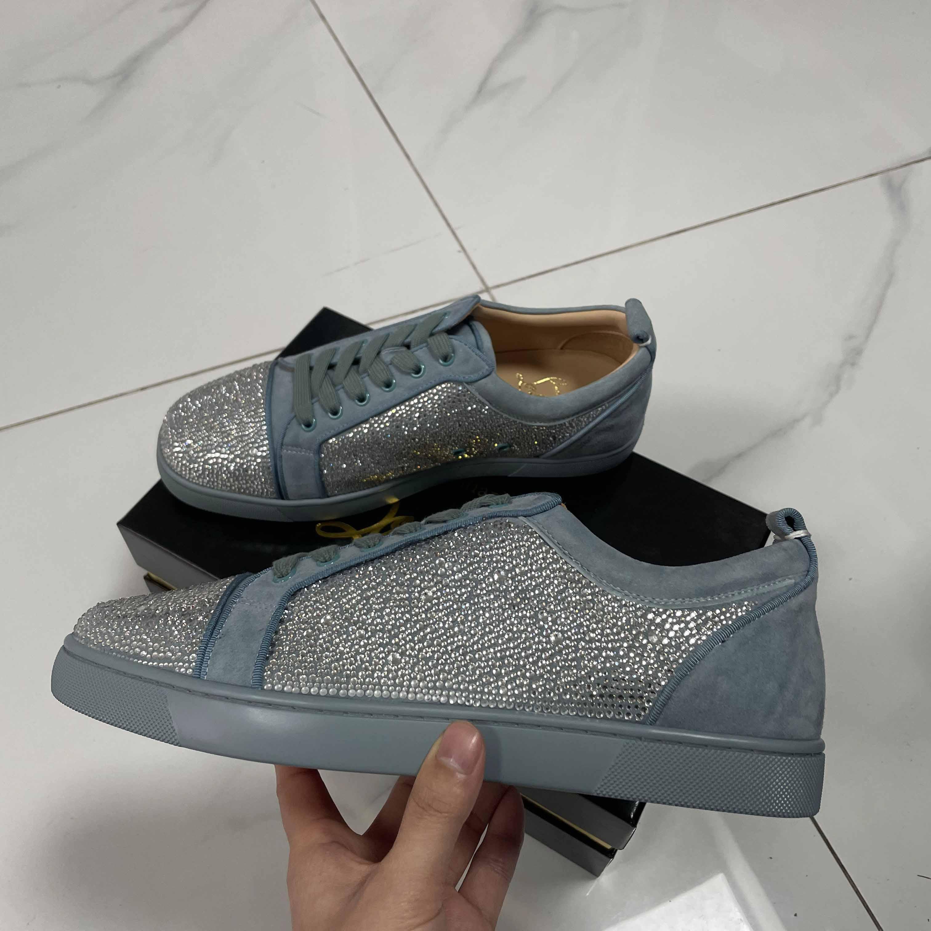 Christian Louboutin Men's Louis Junior Strass Rhinestone Suede Low-Top Sneakers - DopestKickz