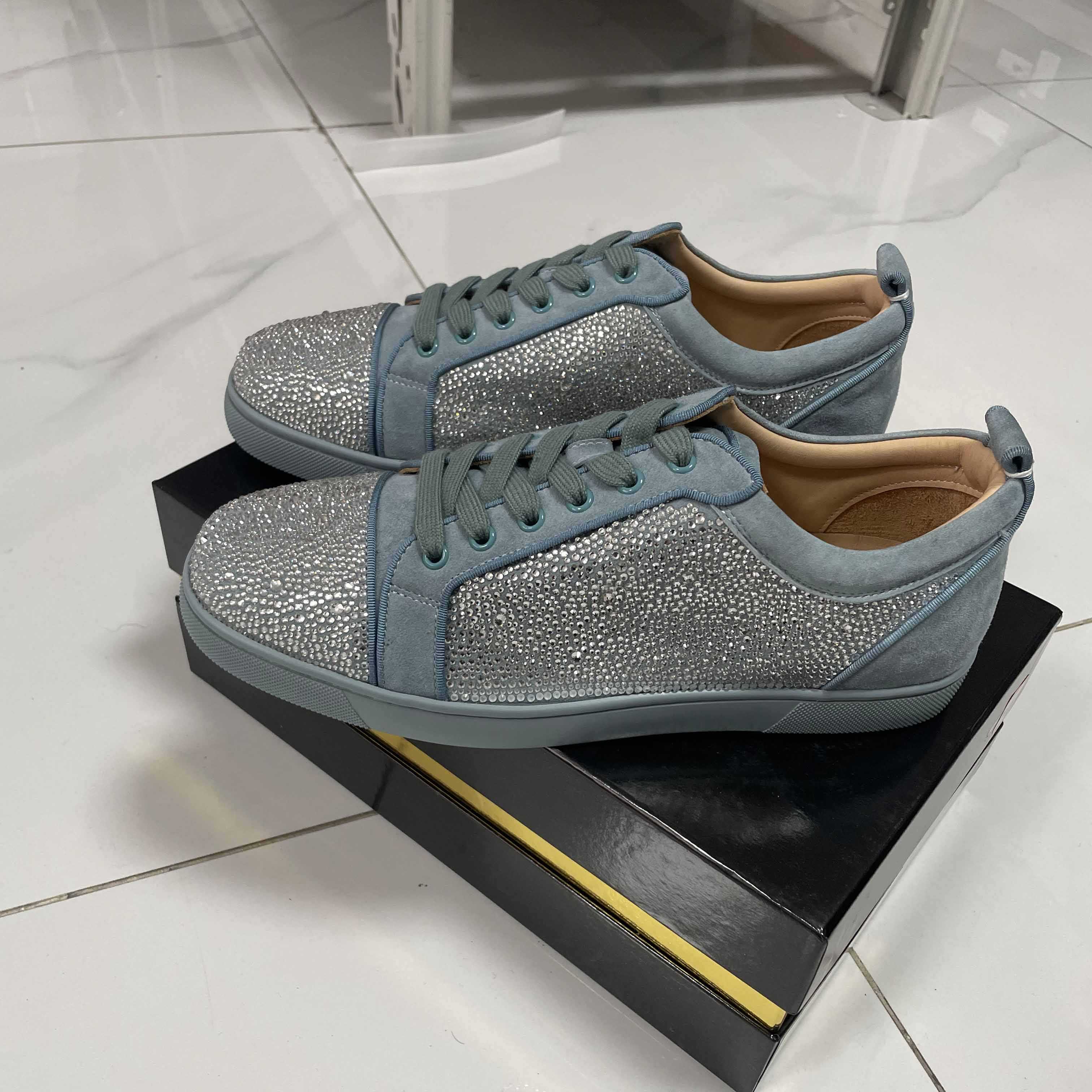 Christian Louboutin Men's Louis Junior Strass Rhinestone Suede Low-Top Sneakers - DopestKickz