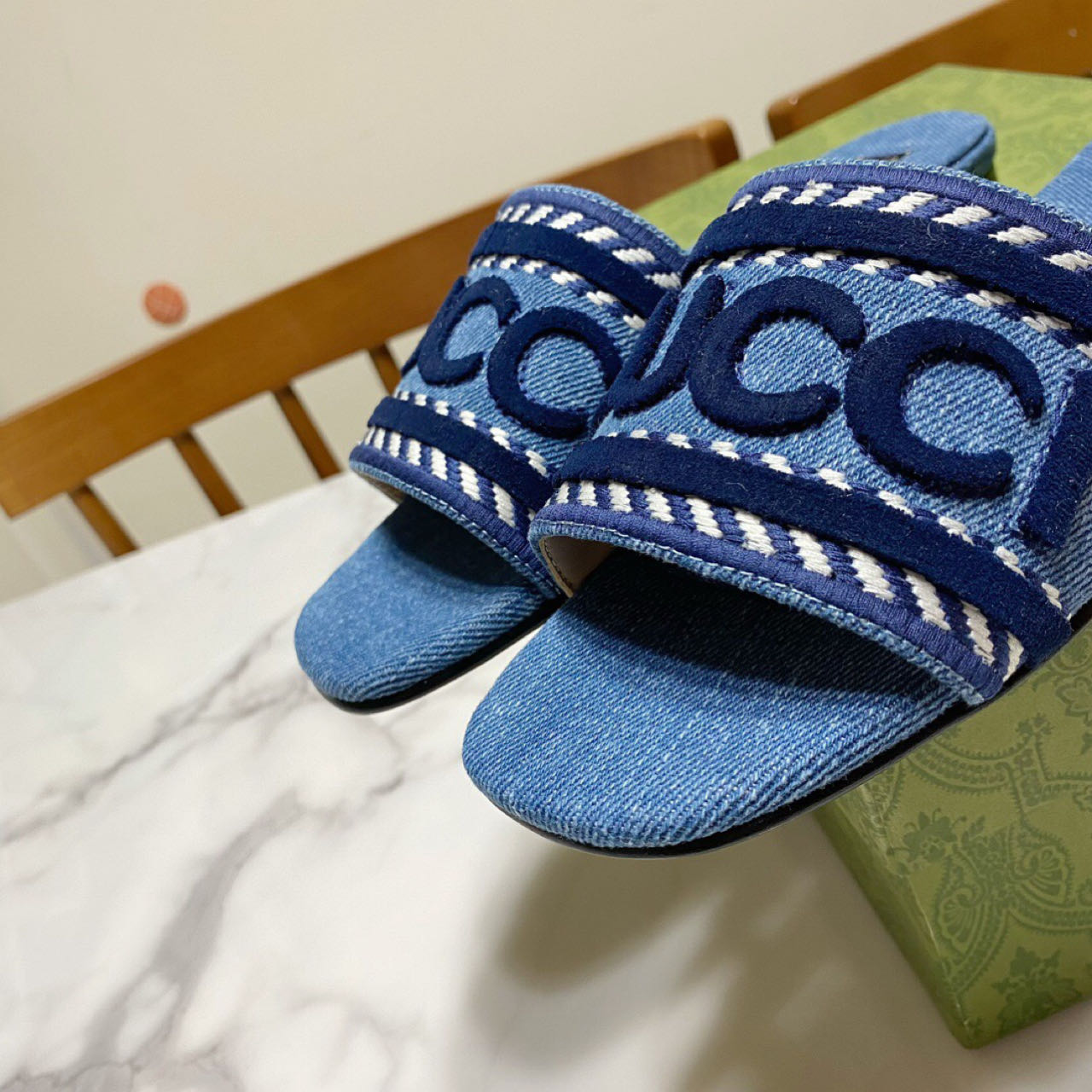 Gucci Script Block Heel Sandals - DopestKickz